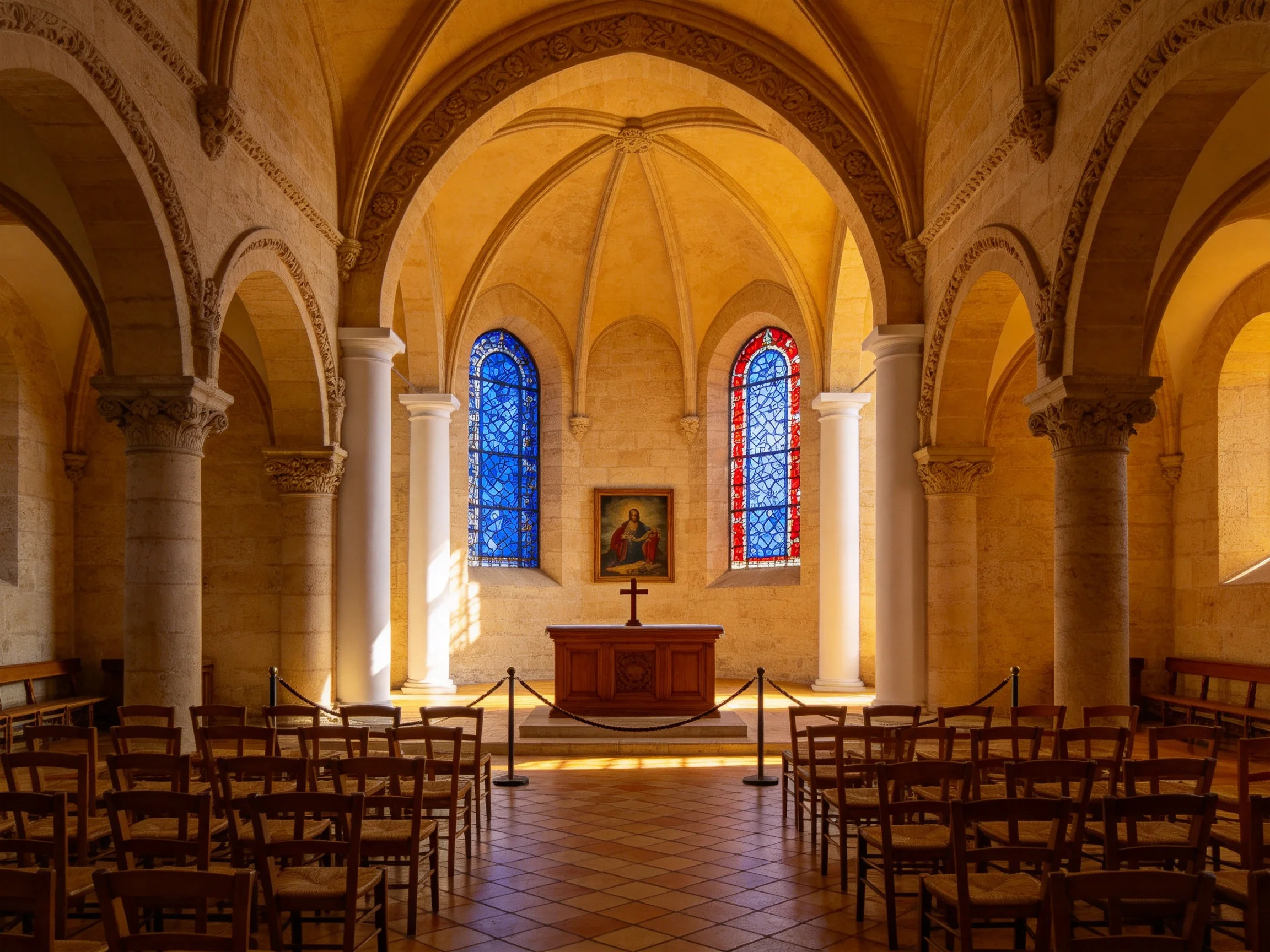 A historic church interior with arched ceilings and colorful stained glass