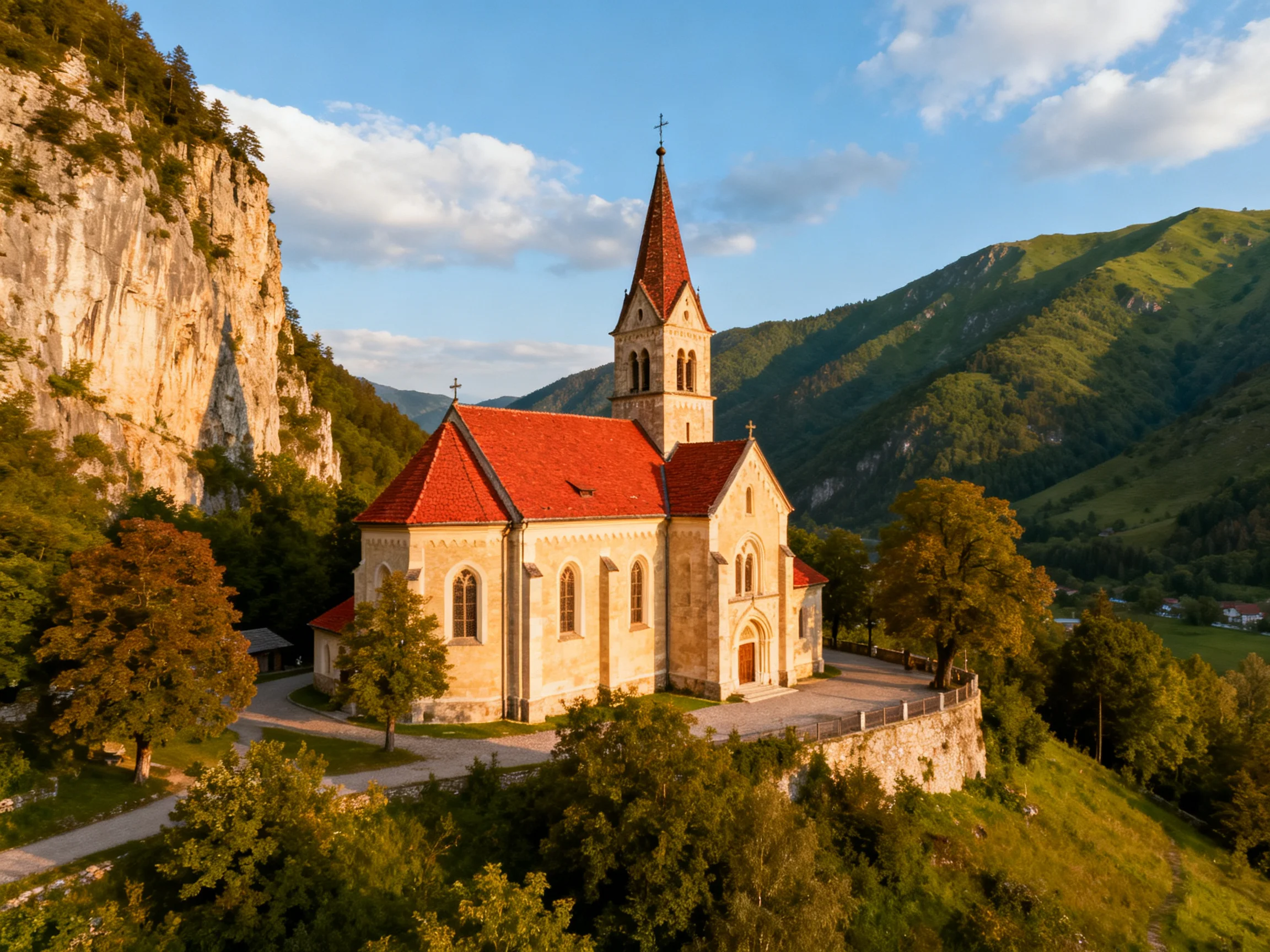 A historic church with red roof nestled among green mountains