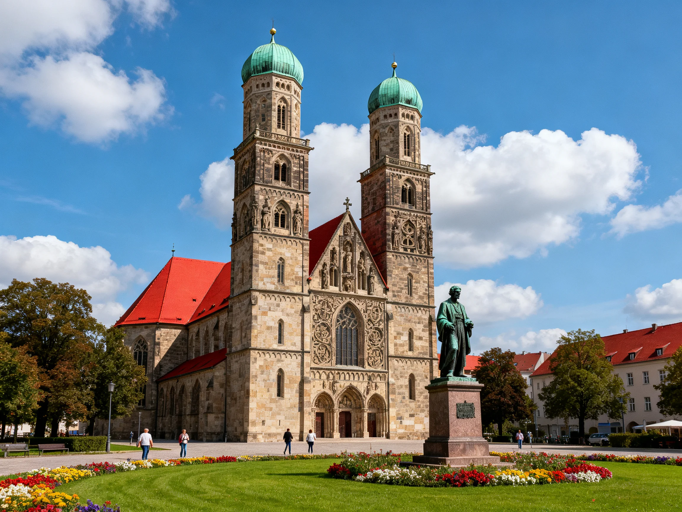 A historic church with twin green domes, red roof, and nearby statue