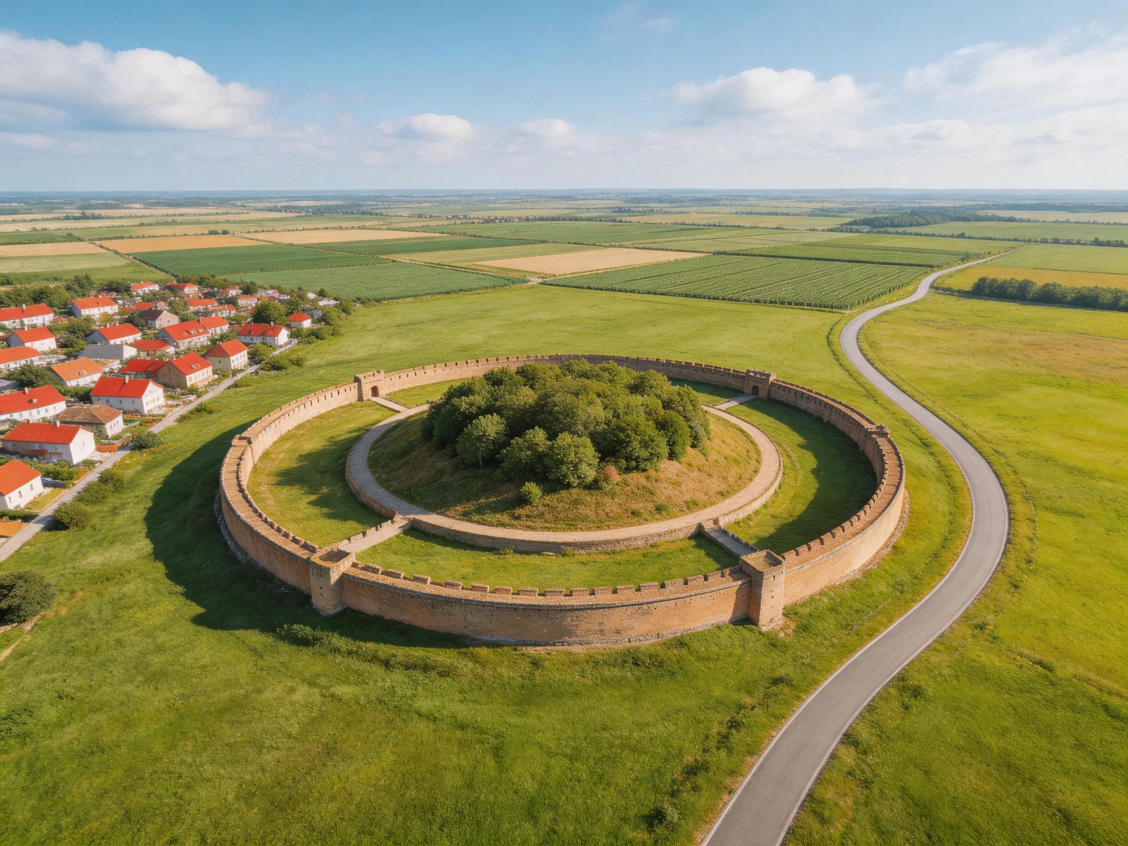 A historic circular fortress near red-roofed villages and expansive green fields