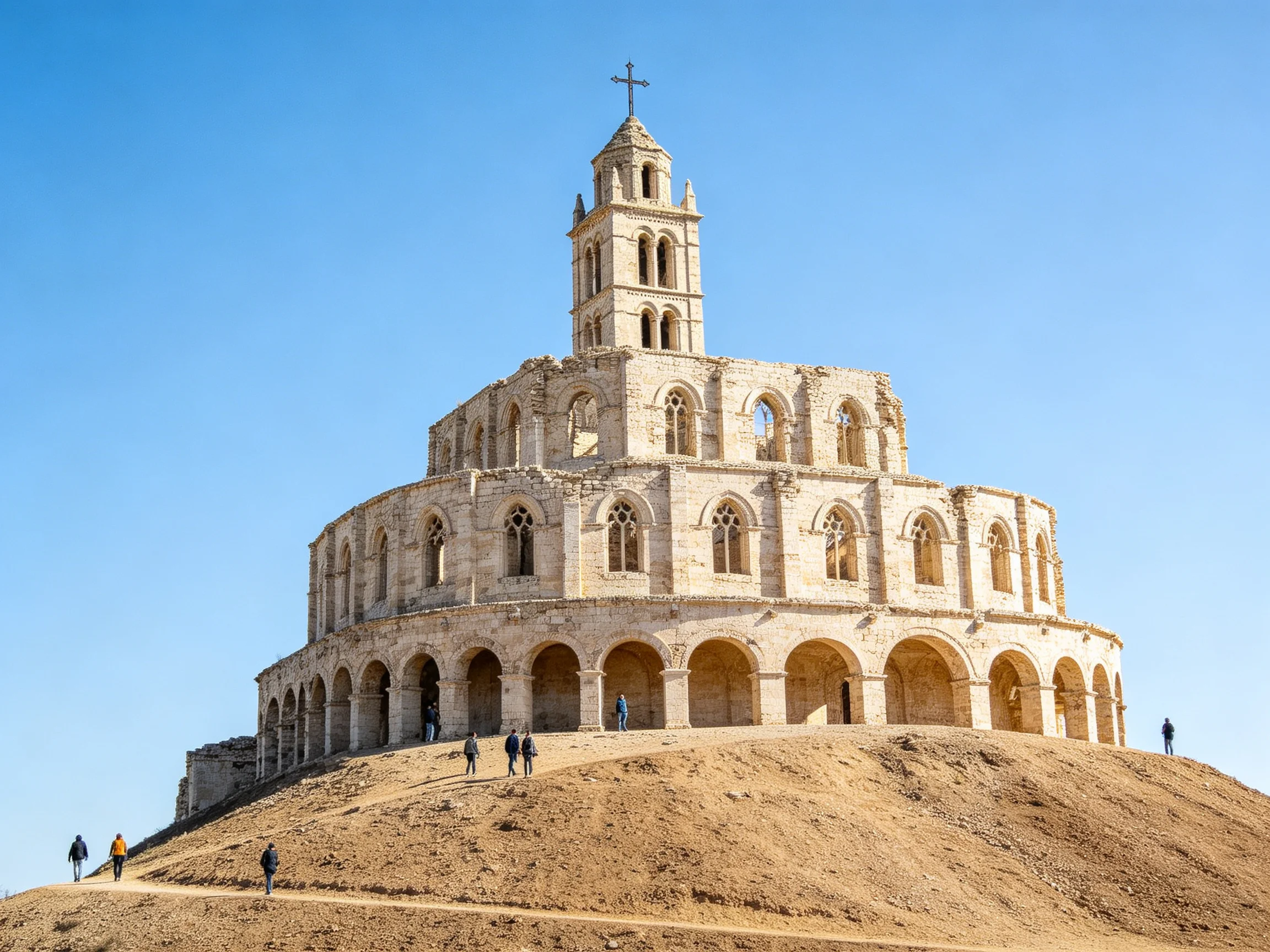 A historic circular stone church ruin with a tall bell tower