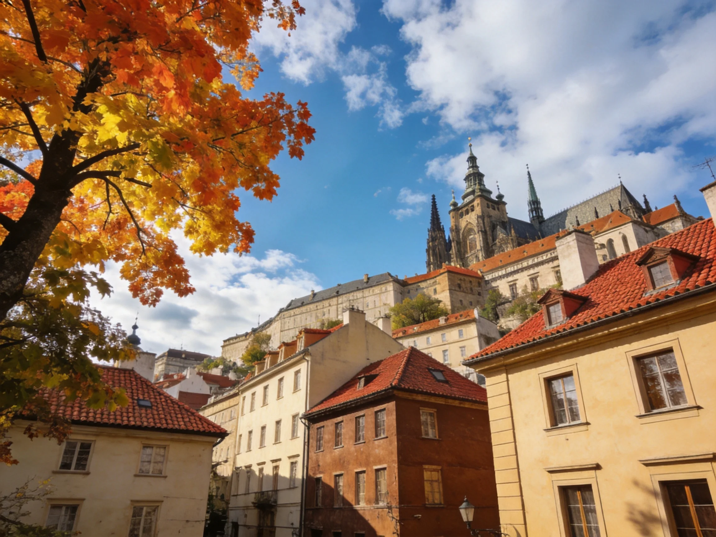 A historic cityscape with a Gothic cathedral, autumn trees, and red-roofed buildings
