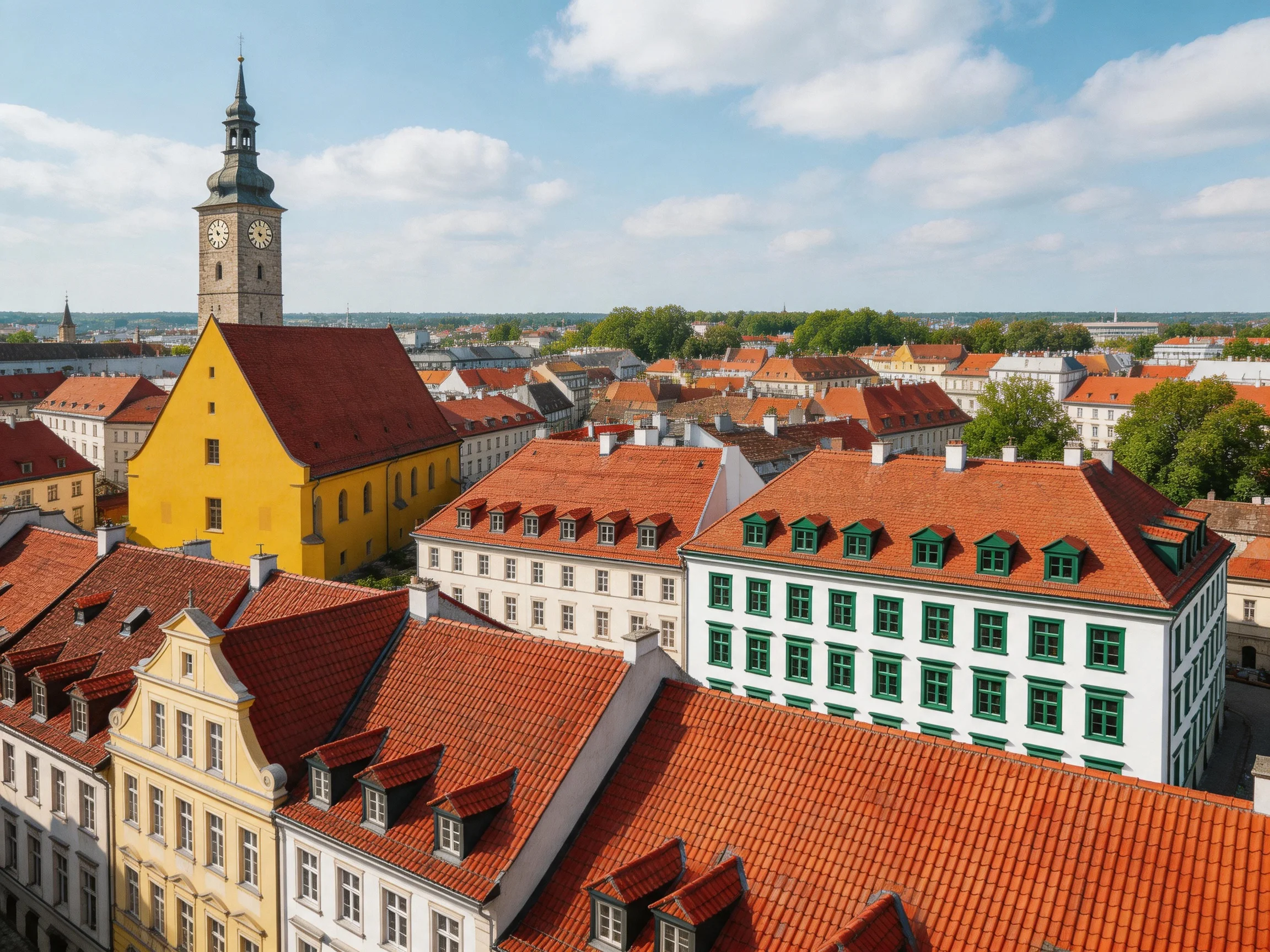 A historic cityscape with red-tiled roofs, a bright yellow church, and a tall clock tower
