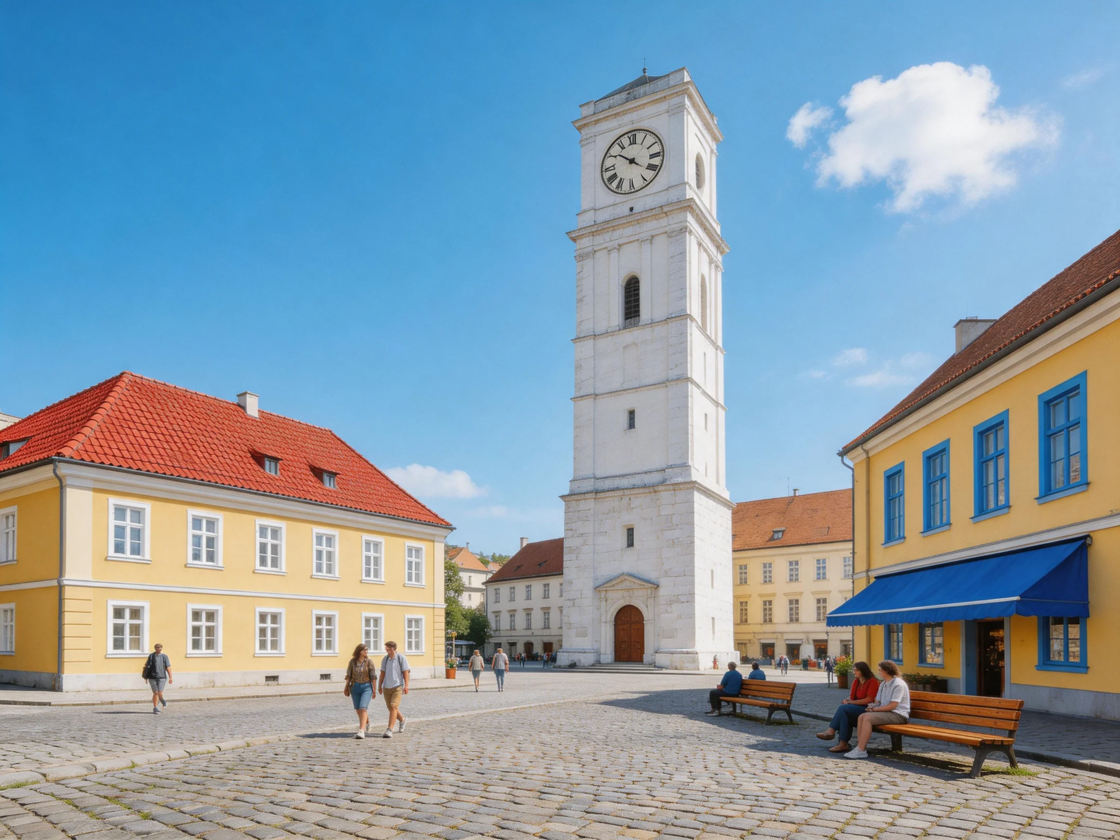 A historic clock tower amidst colorful buildings in a cobblestone square