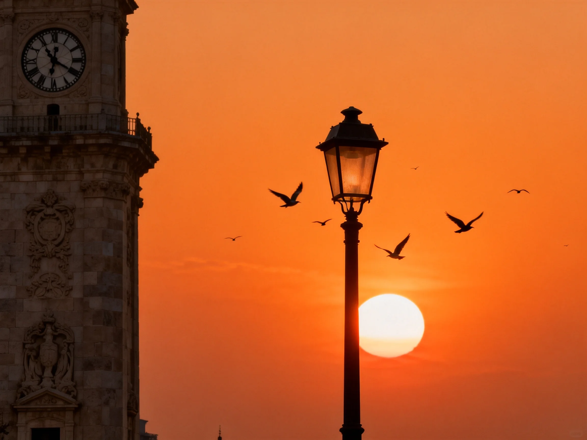 A historic clock tower beside a glowing orange sunset with flying birds