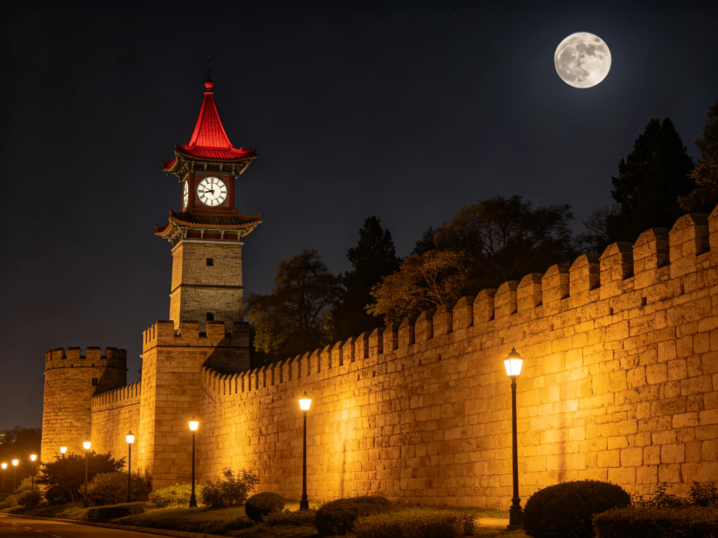 A historic clock tower beside ancient stone walls under a bright moon