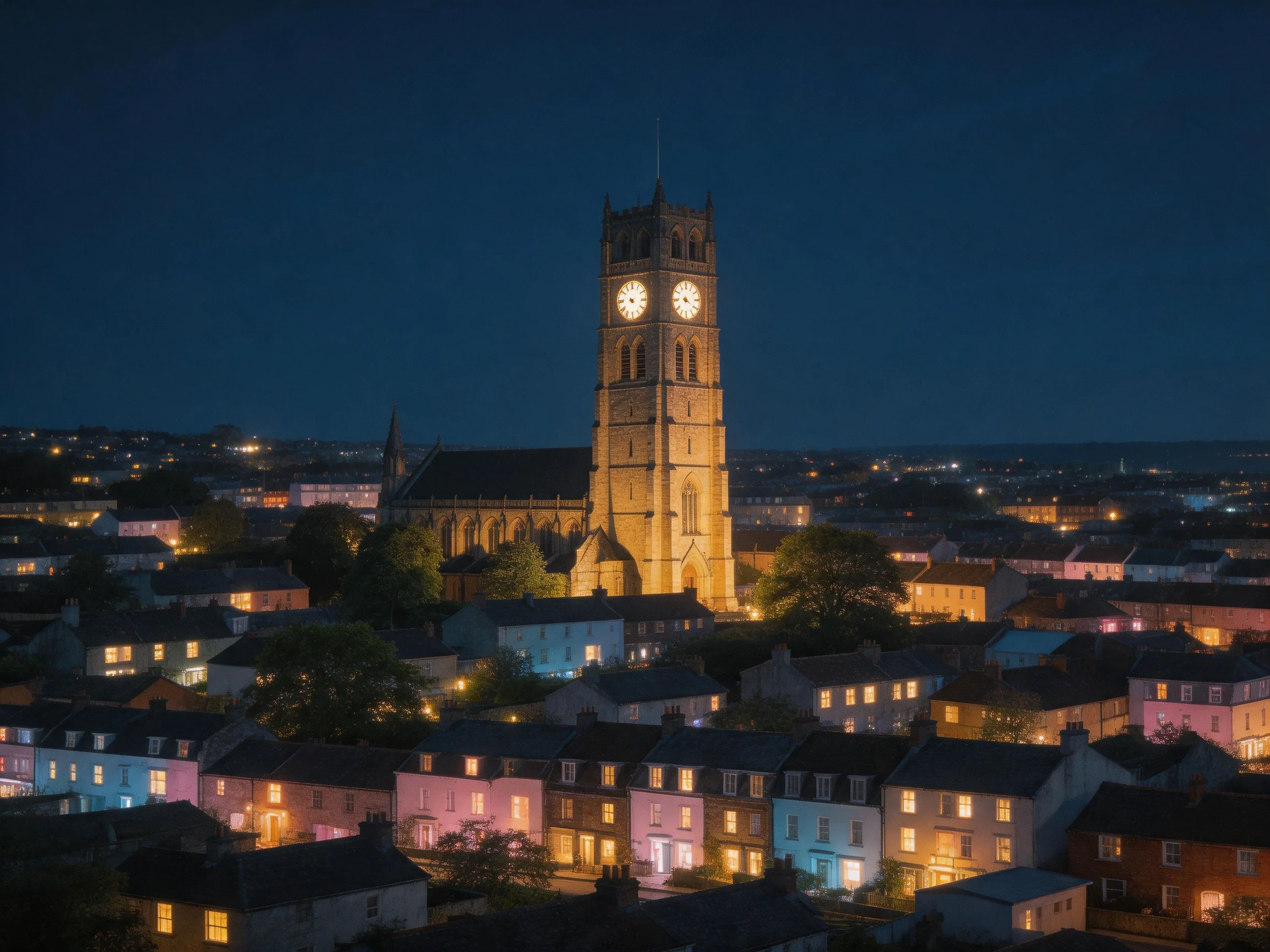 A historic clock tower illuminates a vibrant nighttime town