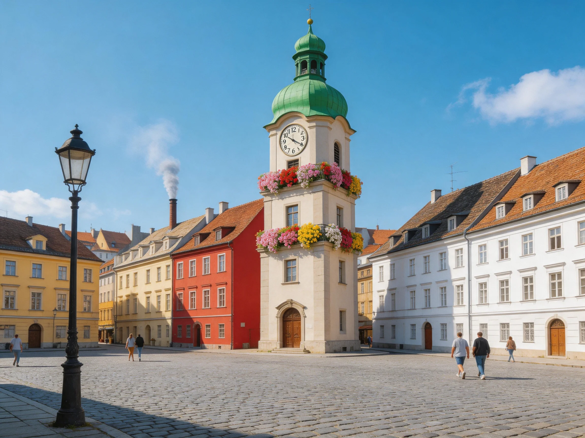 A historic clock tower with flower decorations in a vibrant town square