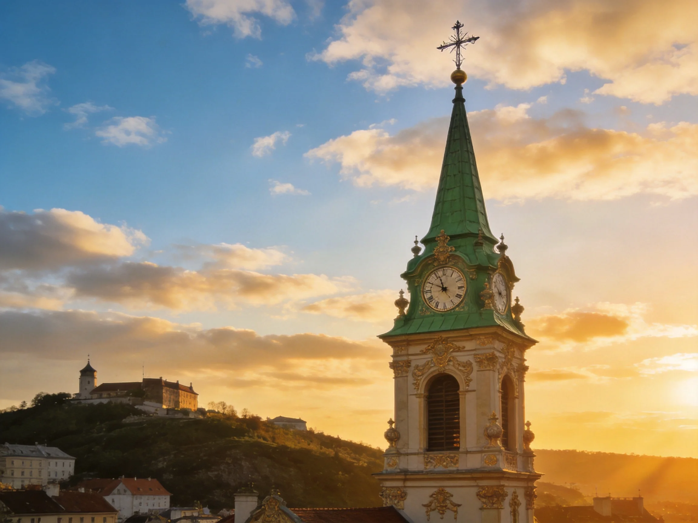 A historic clock tower with green spire near a hilltop fortress at sunset