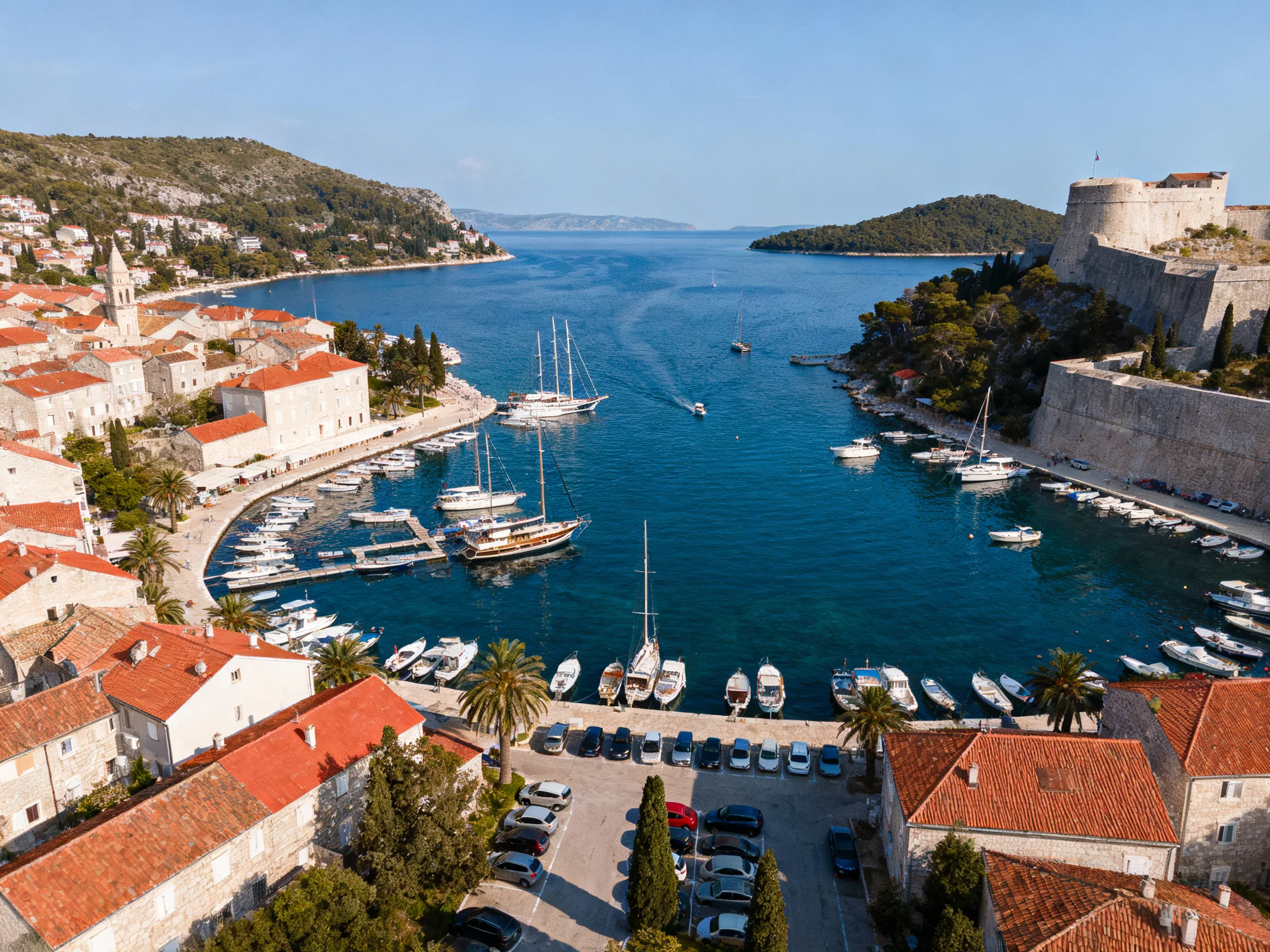 A historic coastal harbor with red-tiled roofs and anchored boats