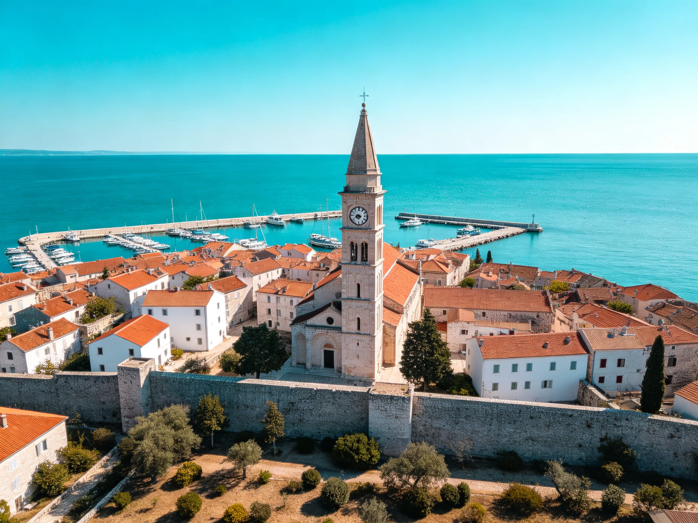 A historic coastal town with red-tiled roofs and a central clock tower