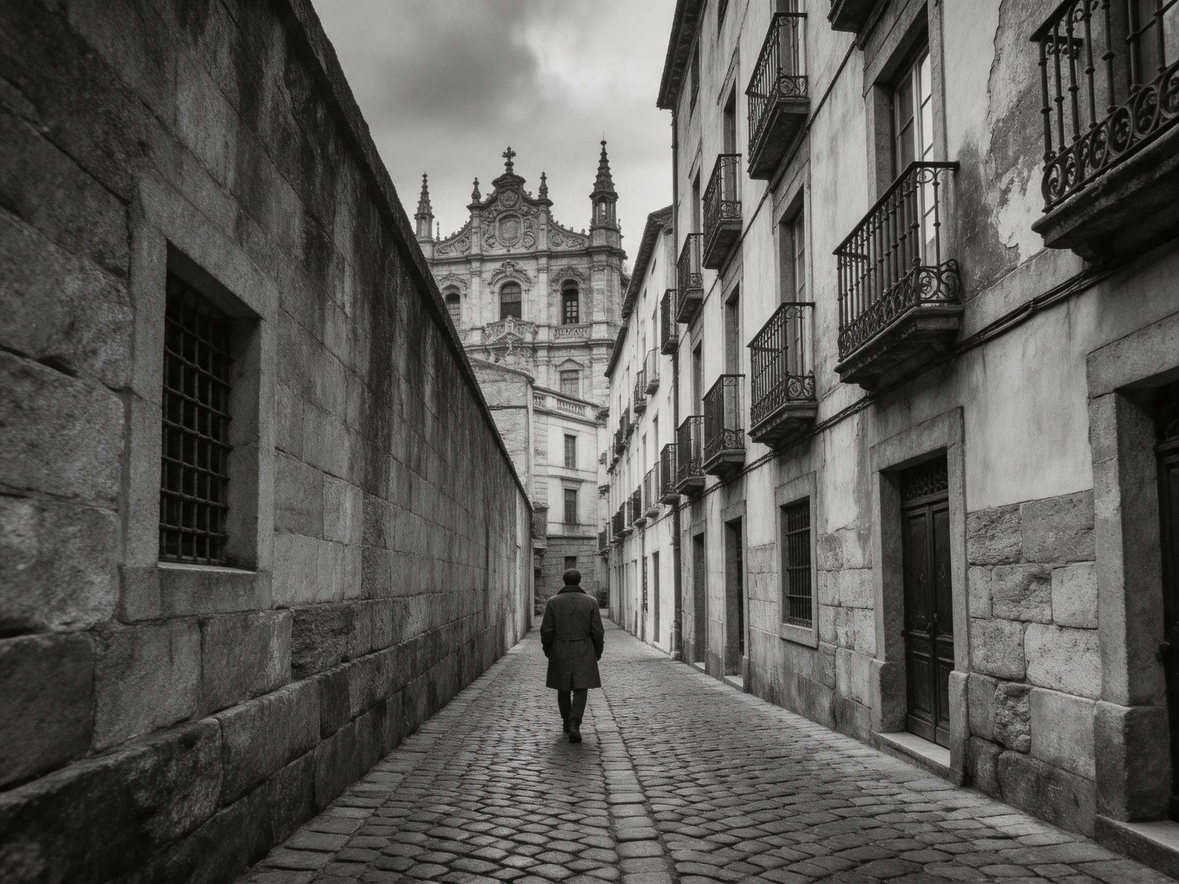 A historic cobblestone alley leads to an ornate baroque church