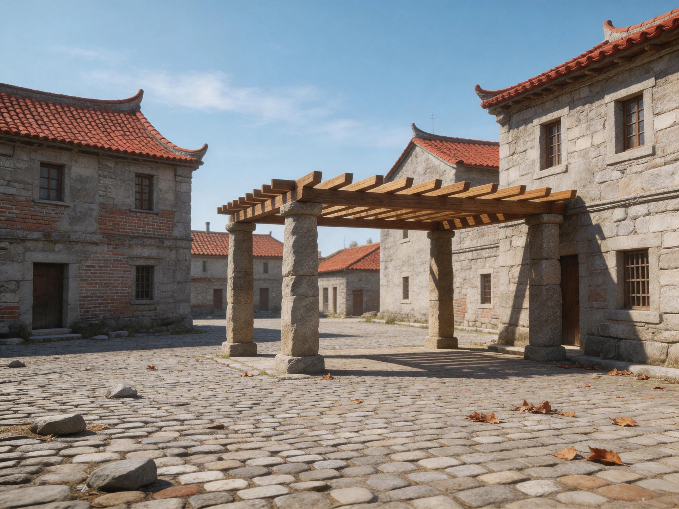 A historic cobblestone square with aged stone buildings and wooden pergola