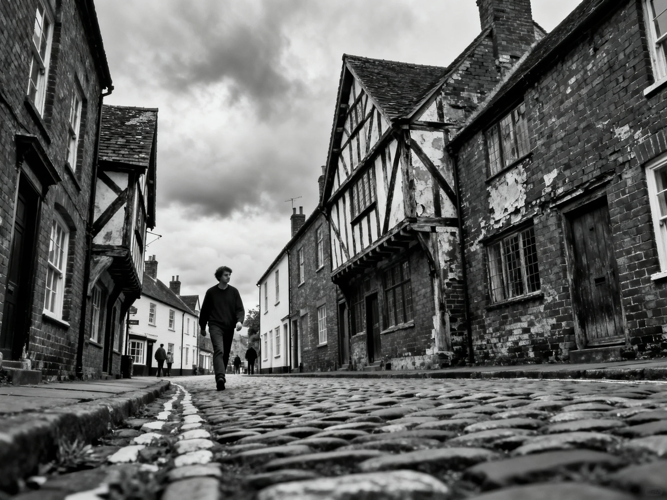 A historic cobblestone street lined with aged timber-framed houses