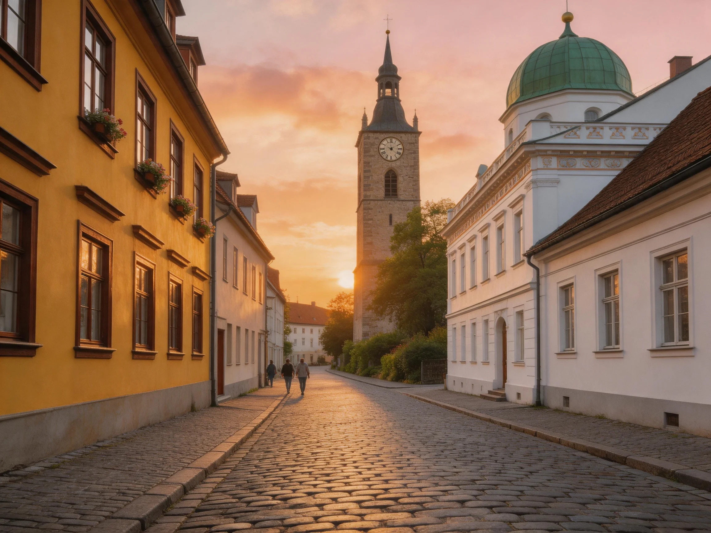 A historic cobblestone street with colorful buildings and clock tower at sunset