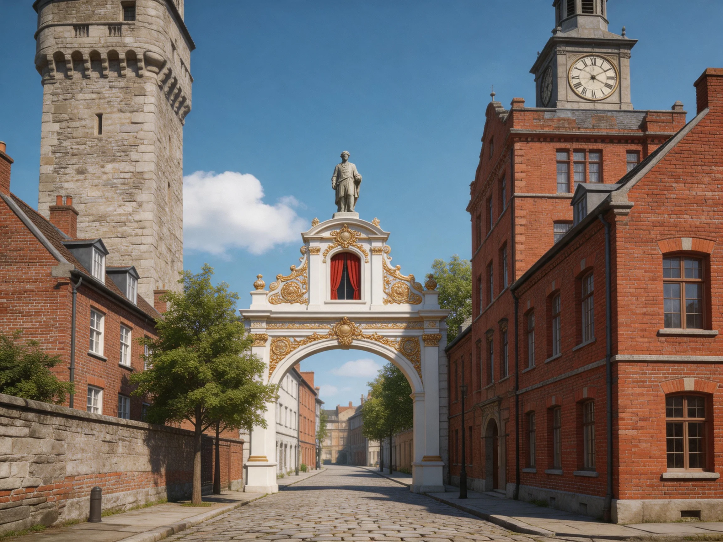A historic cobblestone street with ornate white arch, red-brick buildings, and stone towers