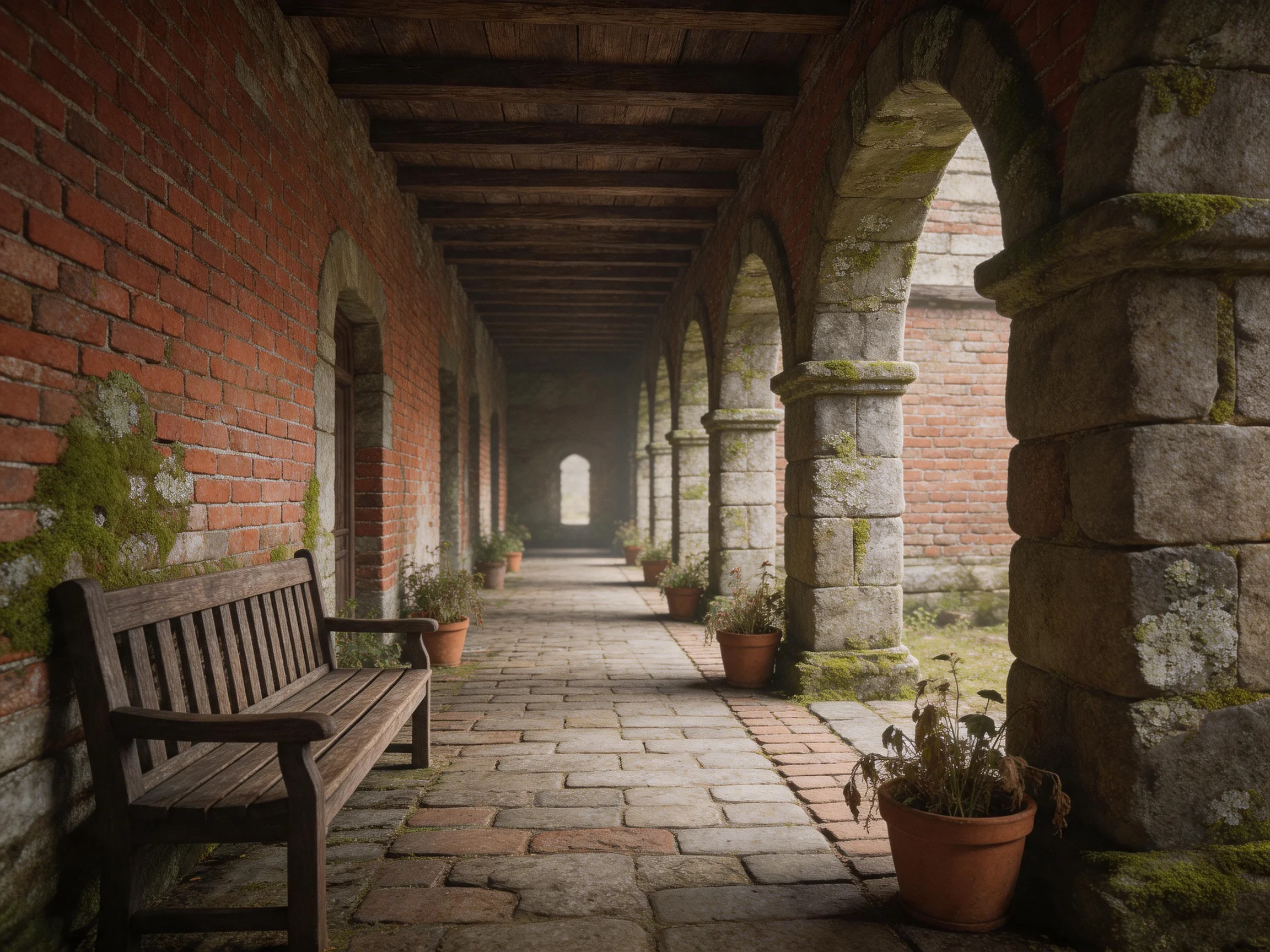 A historic corridor with brick walls, stone arches, and wooden seating