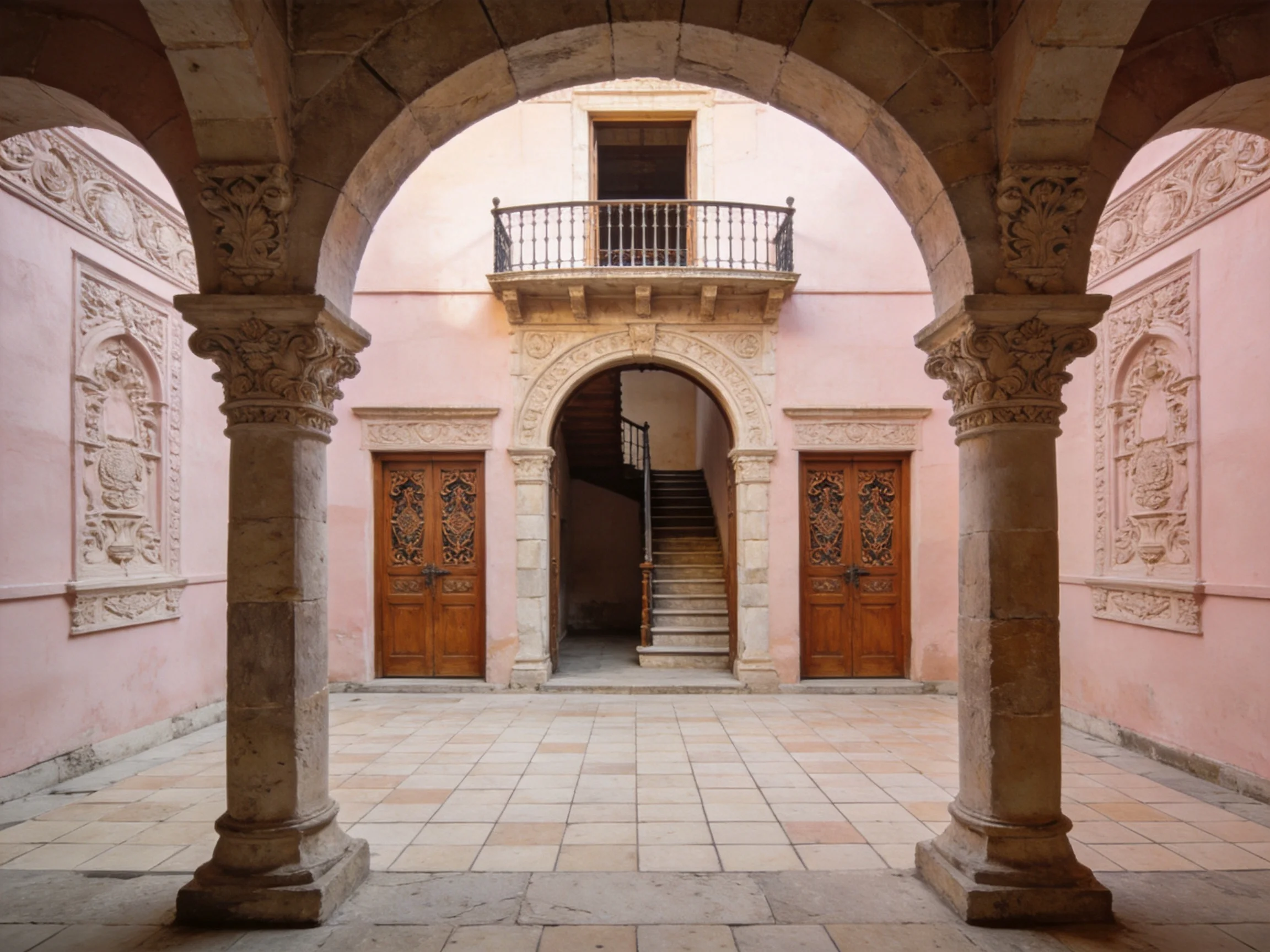 A historic courtyard with stone arches and pink walls