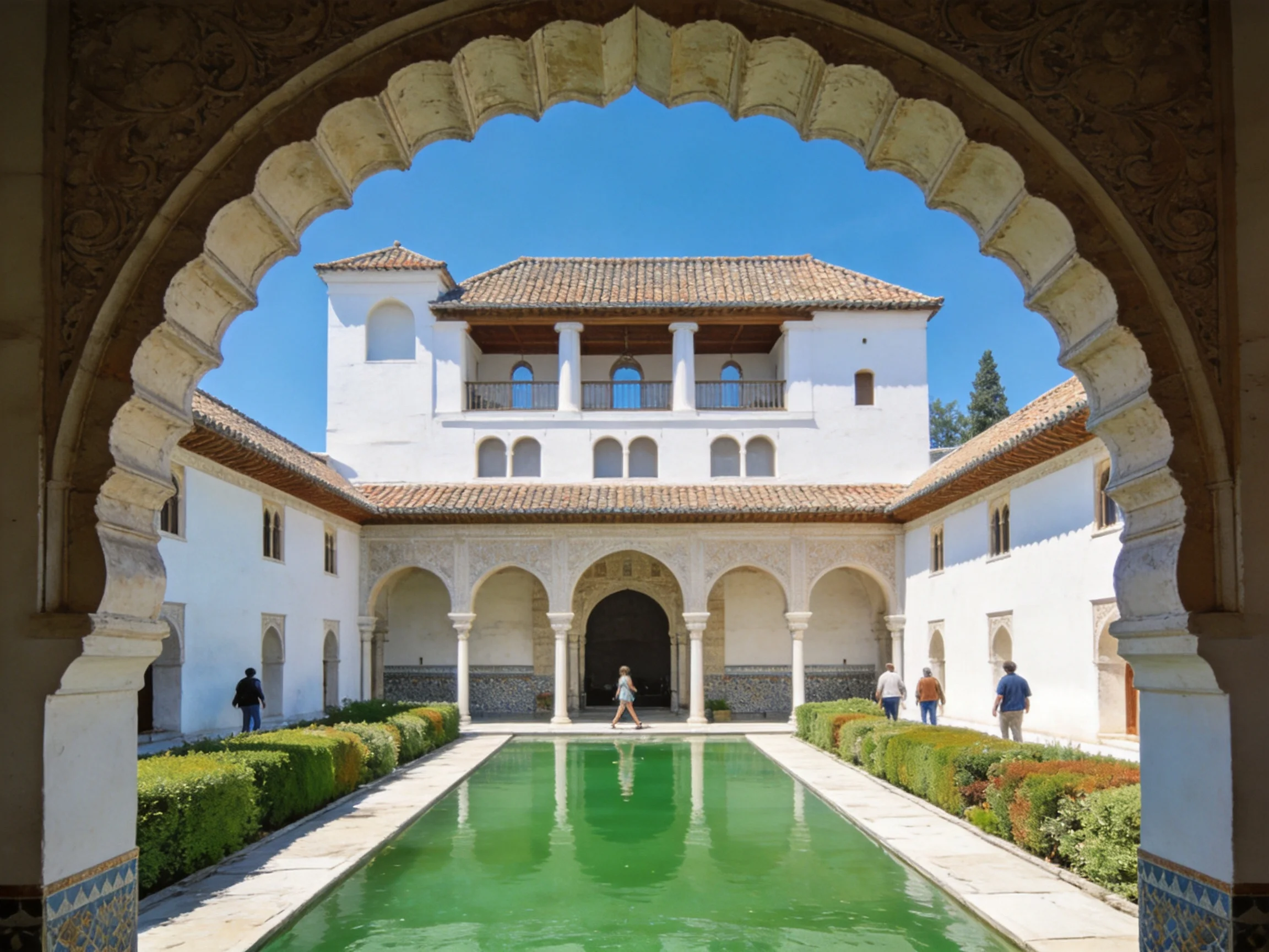 A historic courtyard with white architecture and green reflecting pool