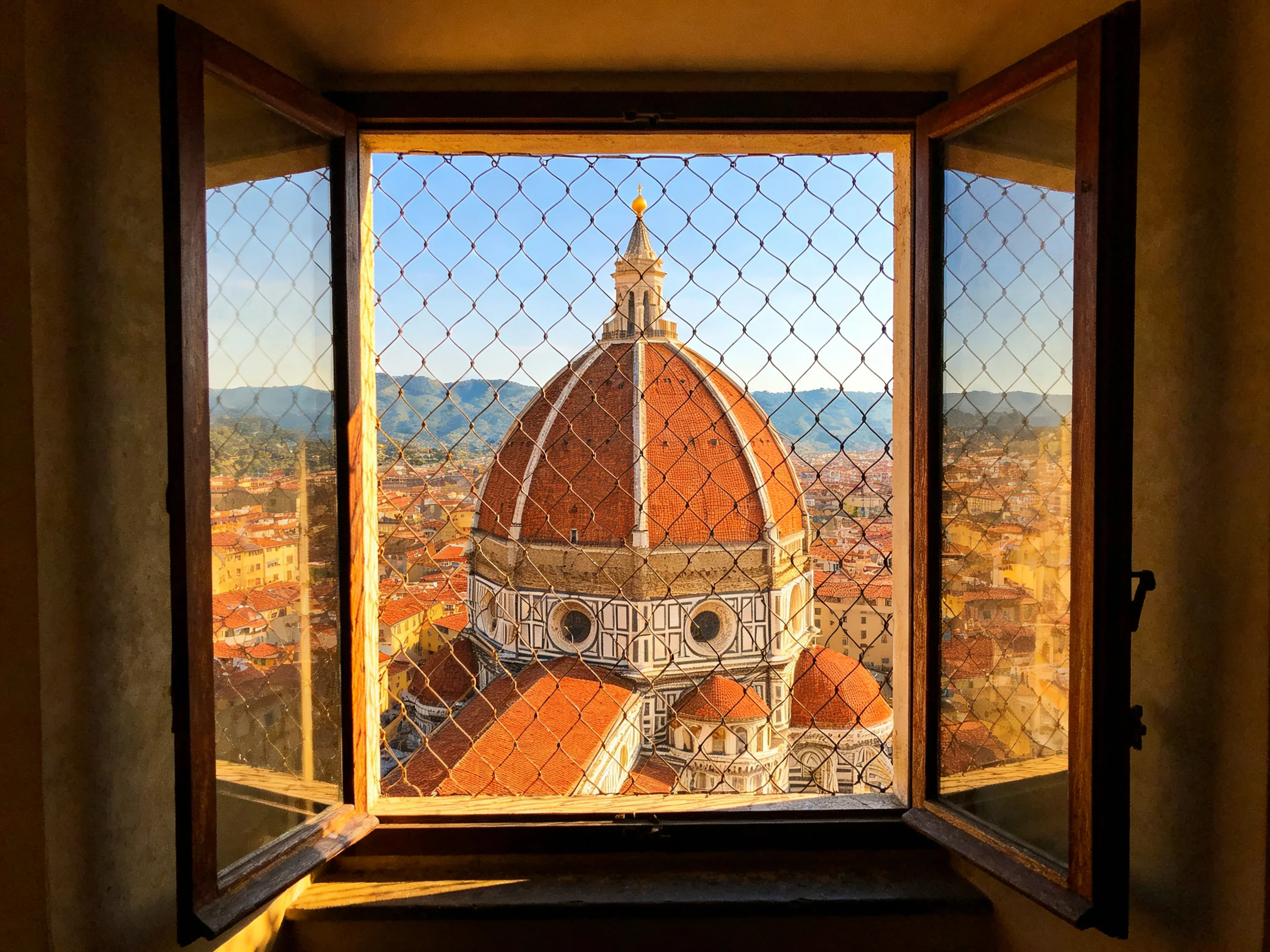 A historic dome viewed through an open wire-guarded window
