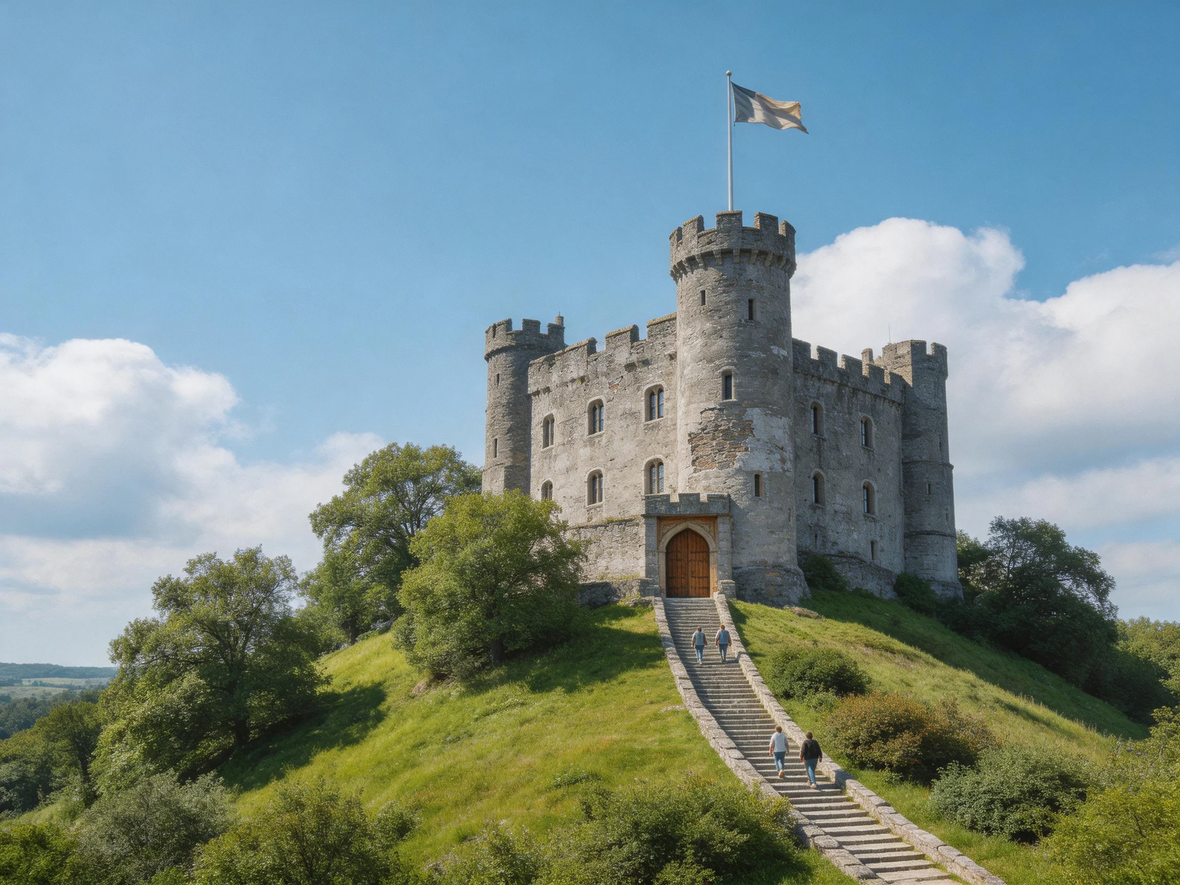 A historic gray stone castle atop a lush green hill