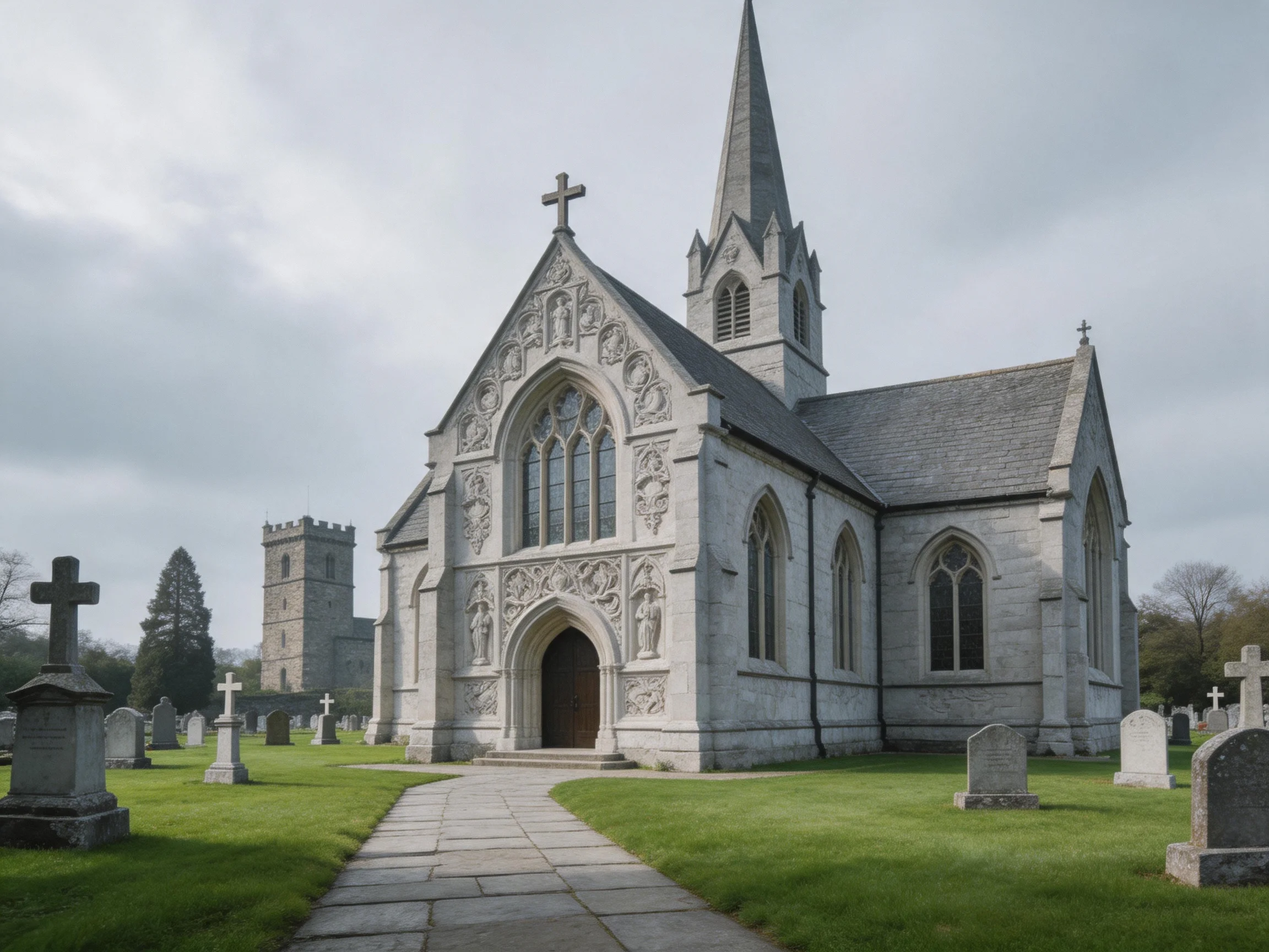 A historic gray stone church with a tall spire near an ancient tower