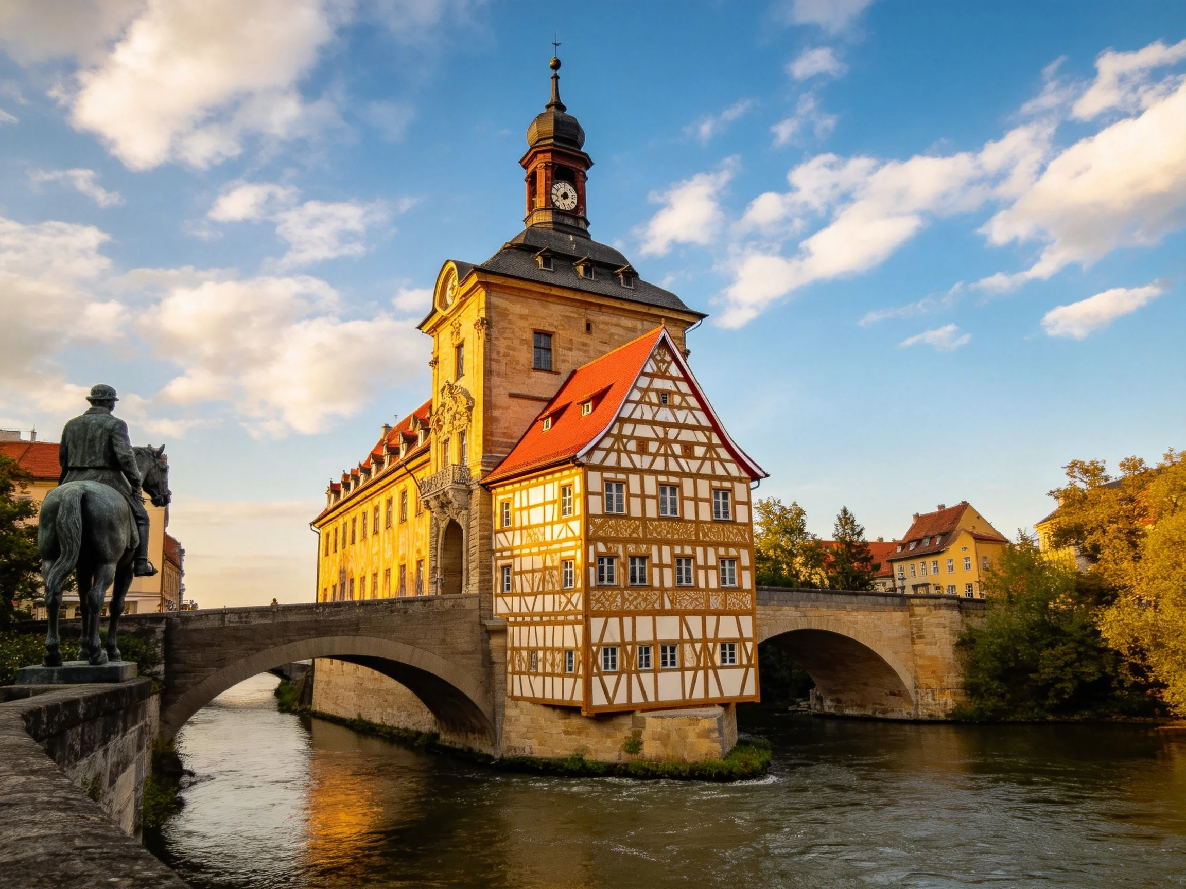 A historic half - timbered town hall spans a river with a stone bridge