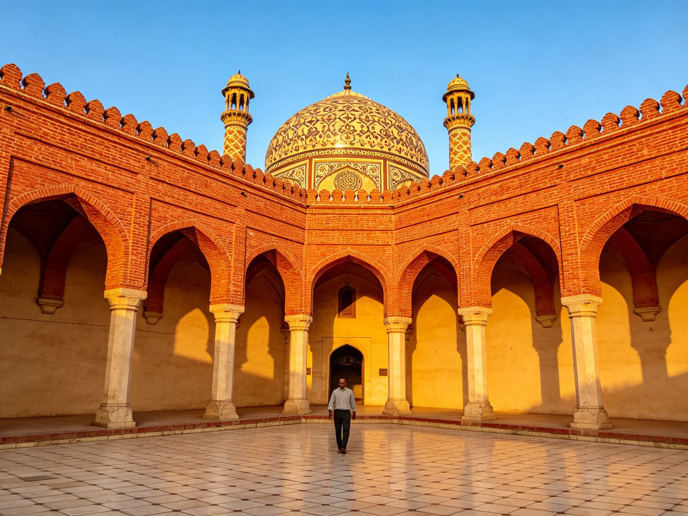 A historic mosque courtyard with orange brick arches and ornate golden dome
