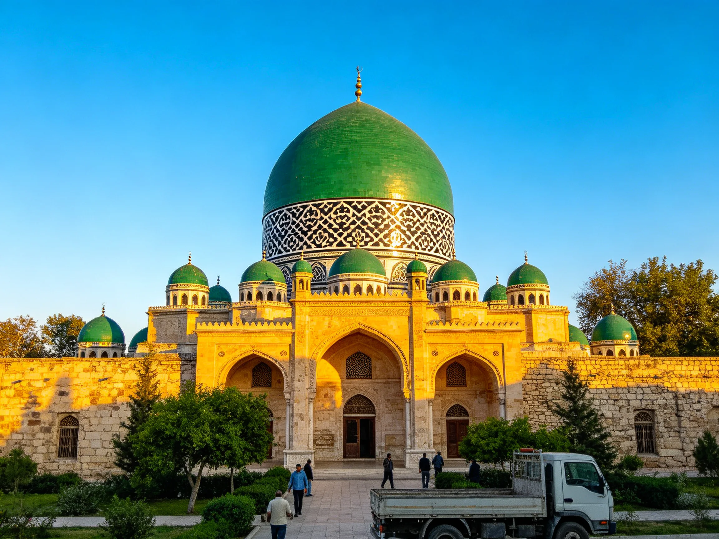 A historic mosque with a large green dome and smaller domes