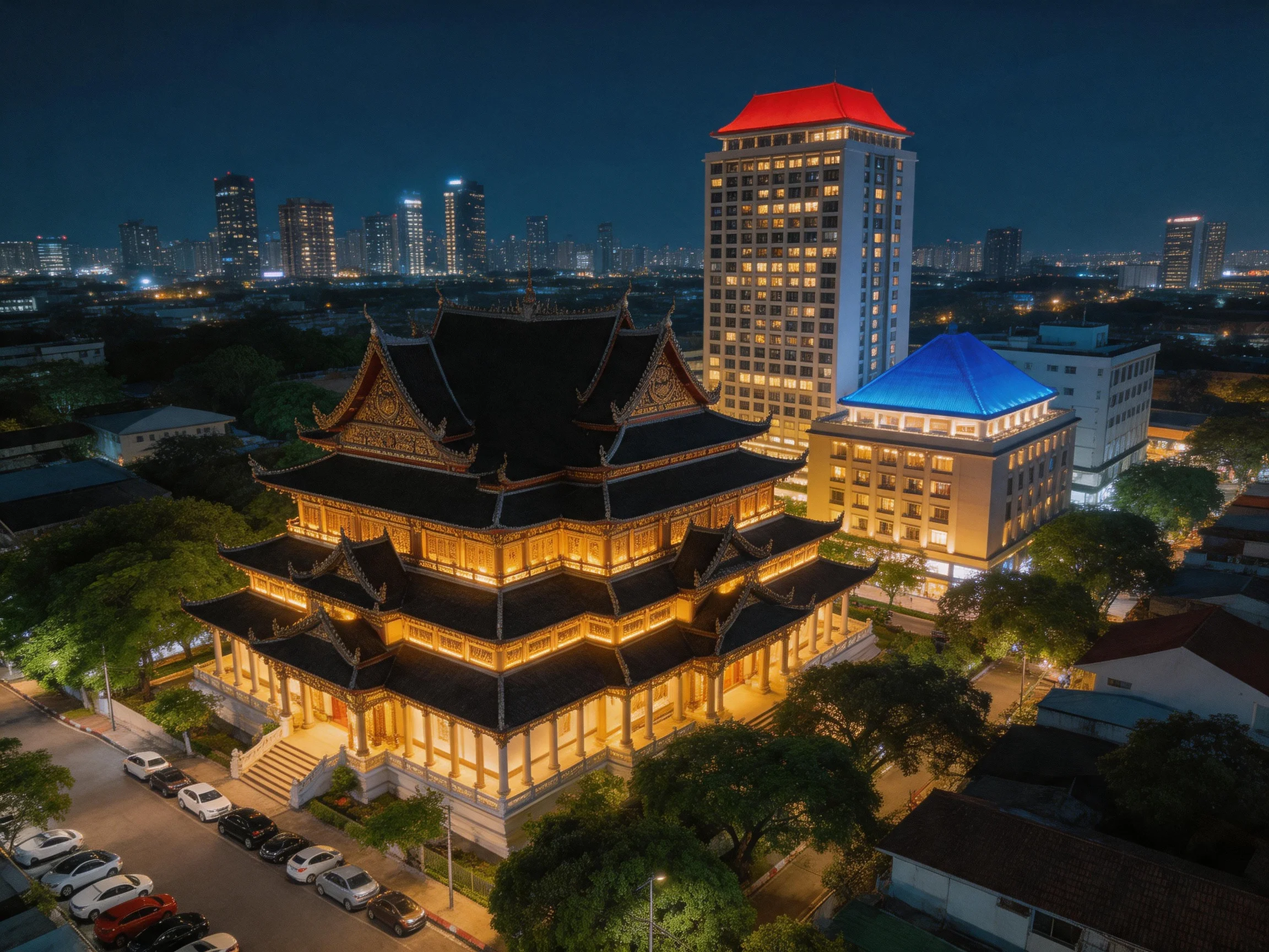 A historic multi-level temple lit up next to modern skyscrapers at night