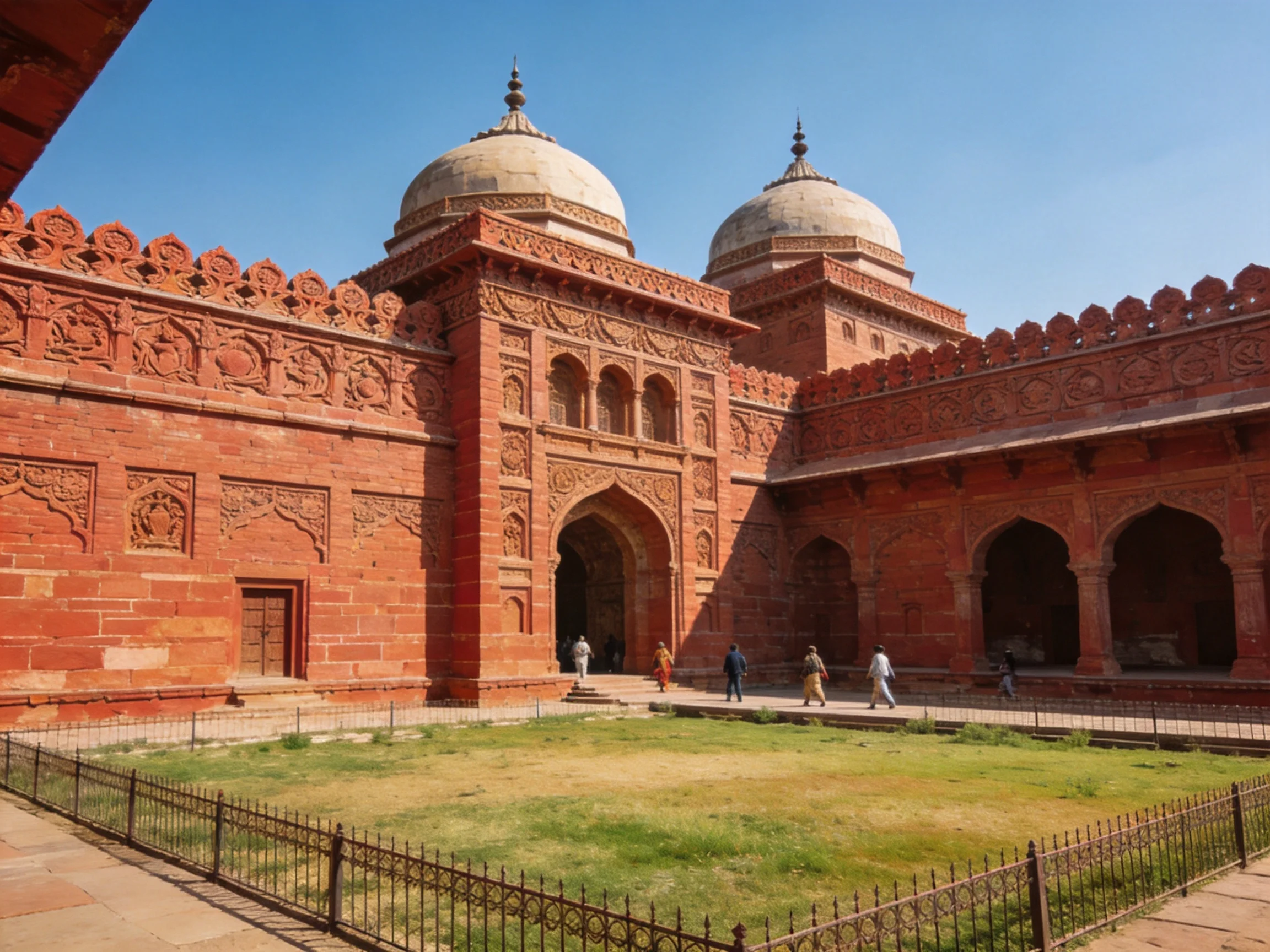 A historic red-brick architectural complex with two domes and intricate carvings