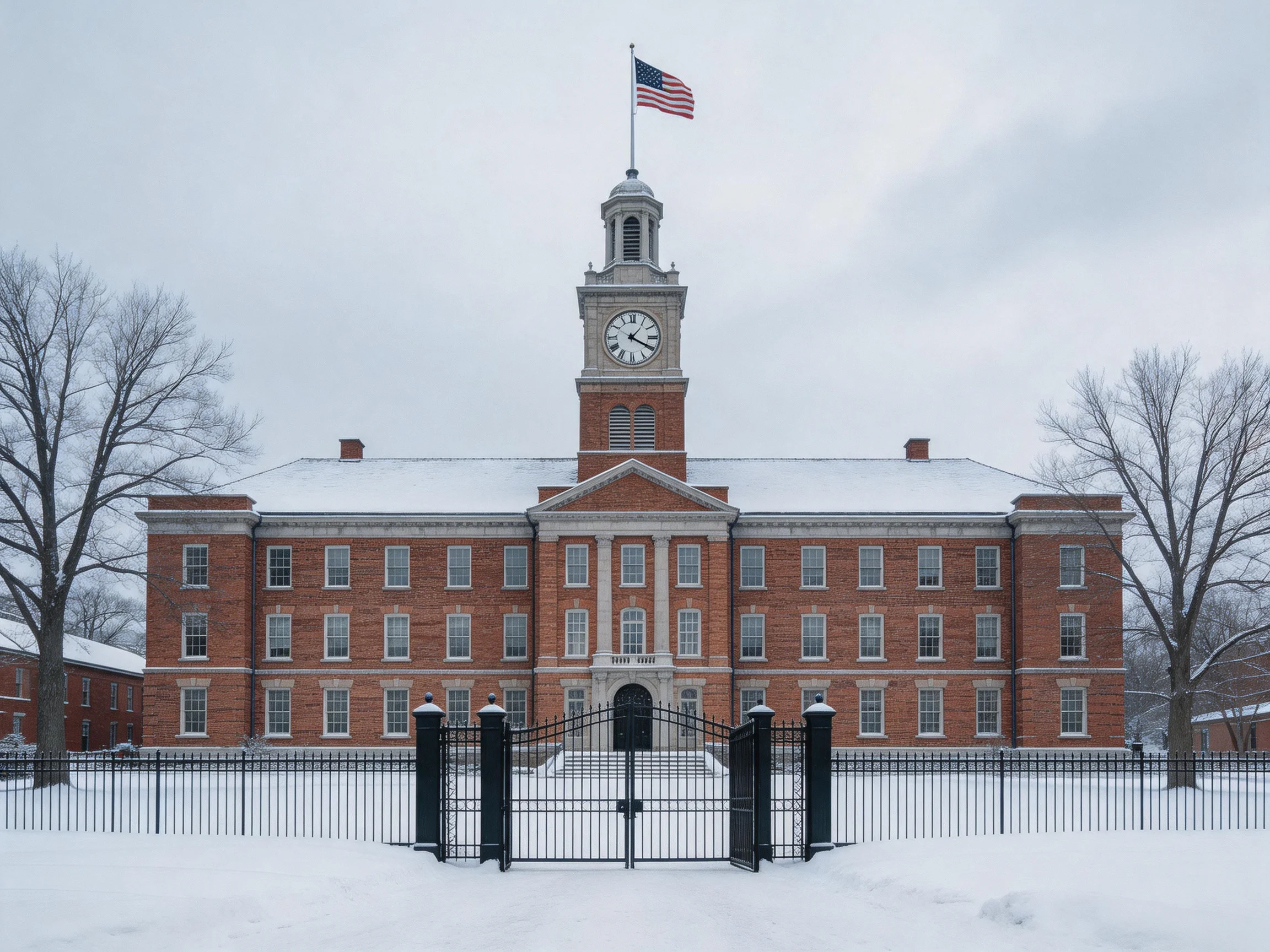 A historic red-brick building with a clock tower in winter snow