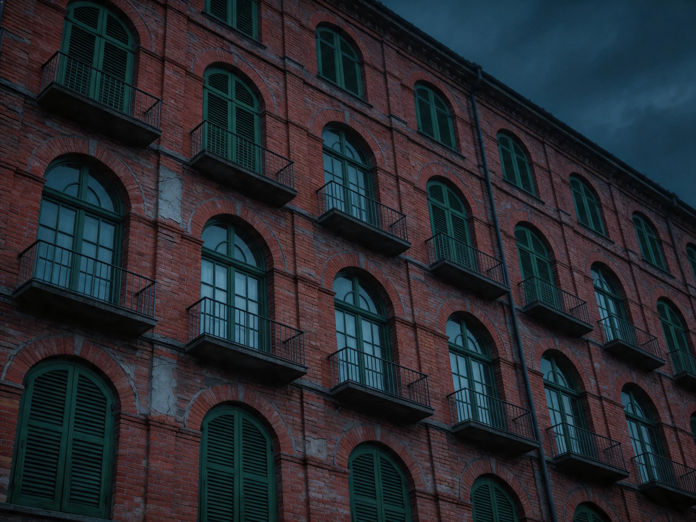 A historic red-brick building with green arched windows under dark stormy sky