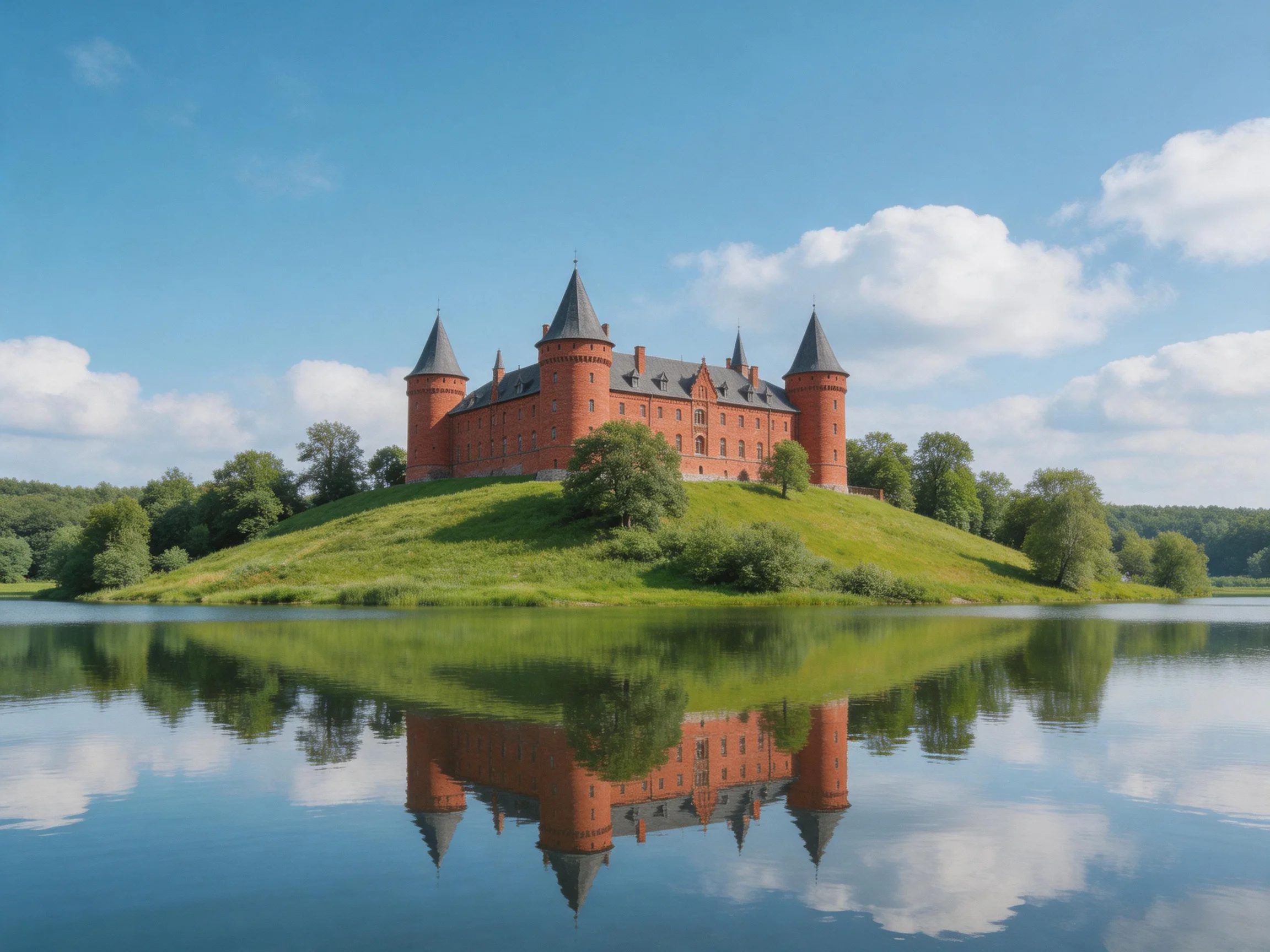 A historic red-brick castle atop a lush green hill near reflective waters