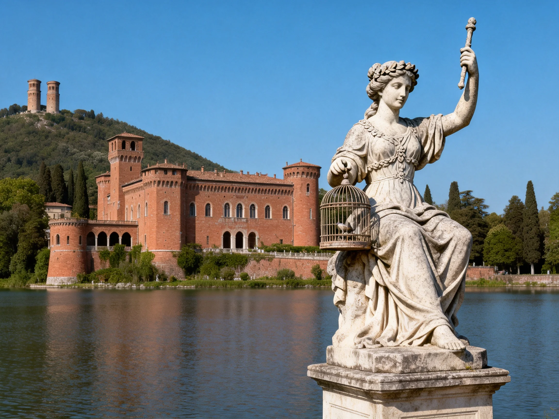 A historic red-brick castle beside a tranquil lake with an ornate stone statue