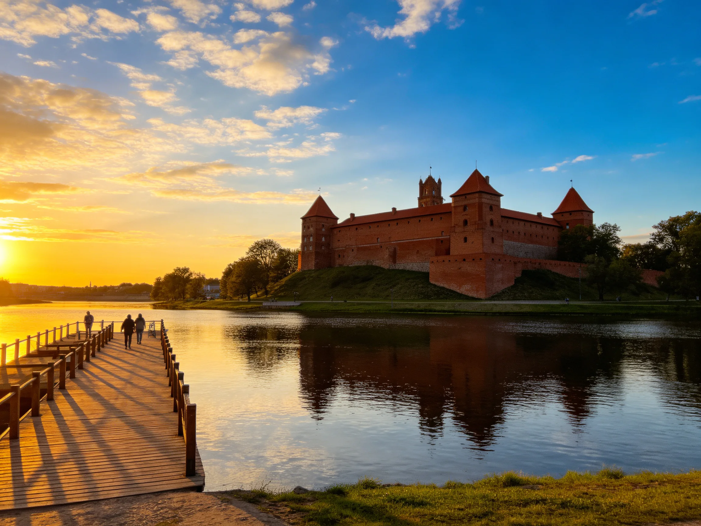 A historic red-brick castle by calm waters at golden hour