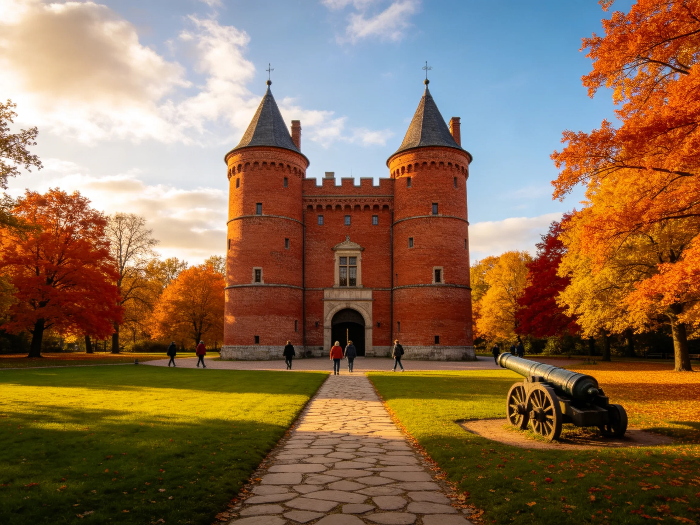 A historic red-brick castle surrounded by autumn trees and a cannon
