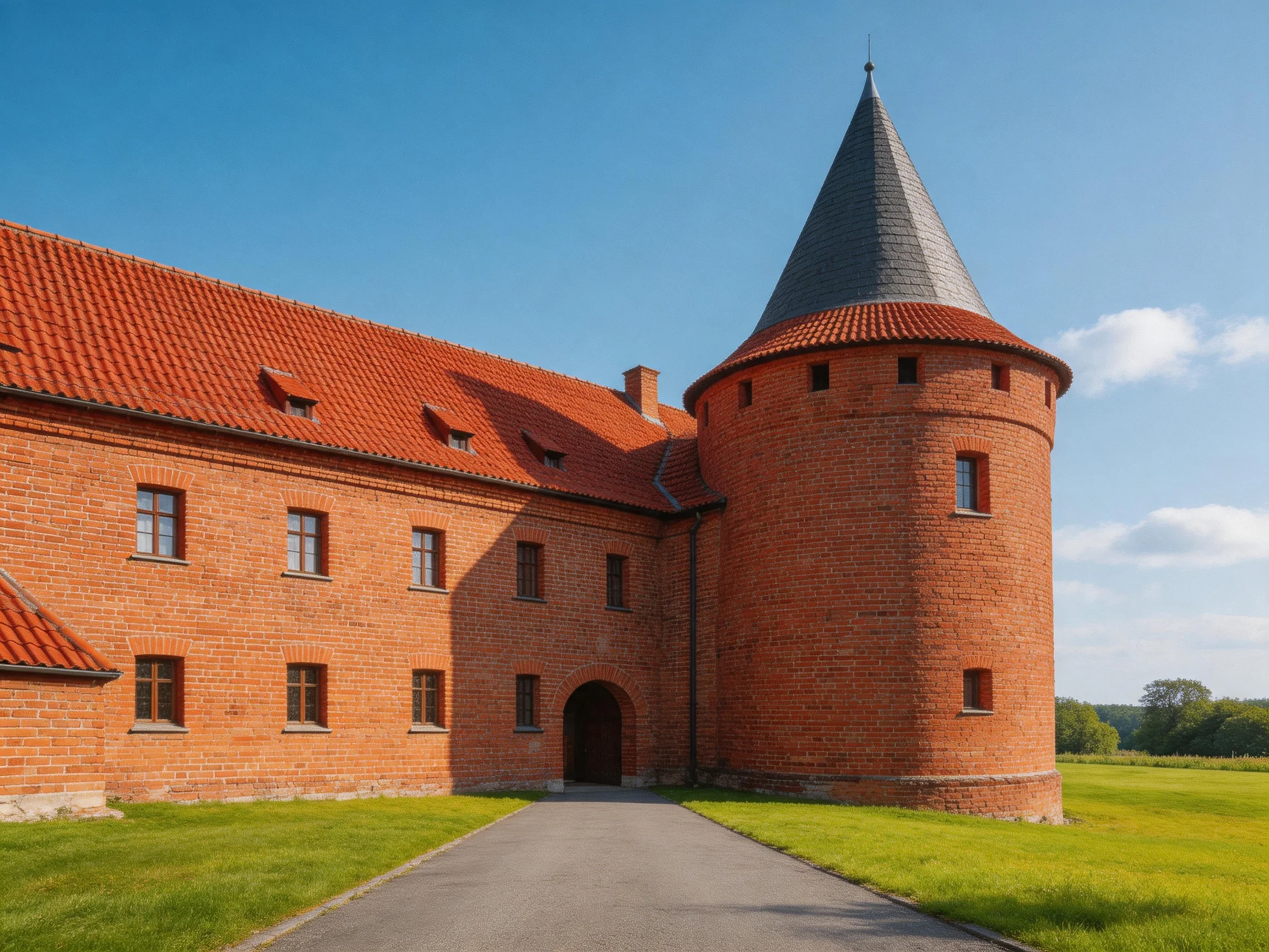 A historic red-brick castle with a conical tower under a clear sky
