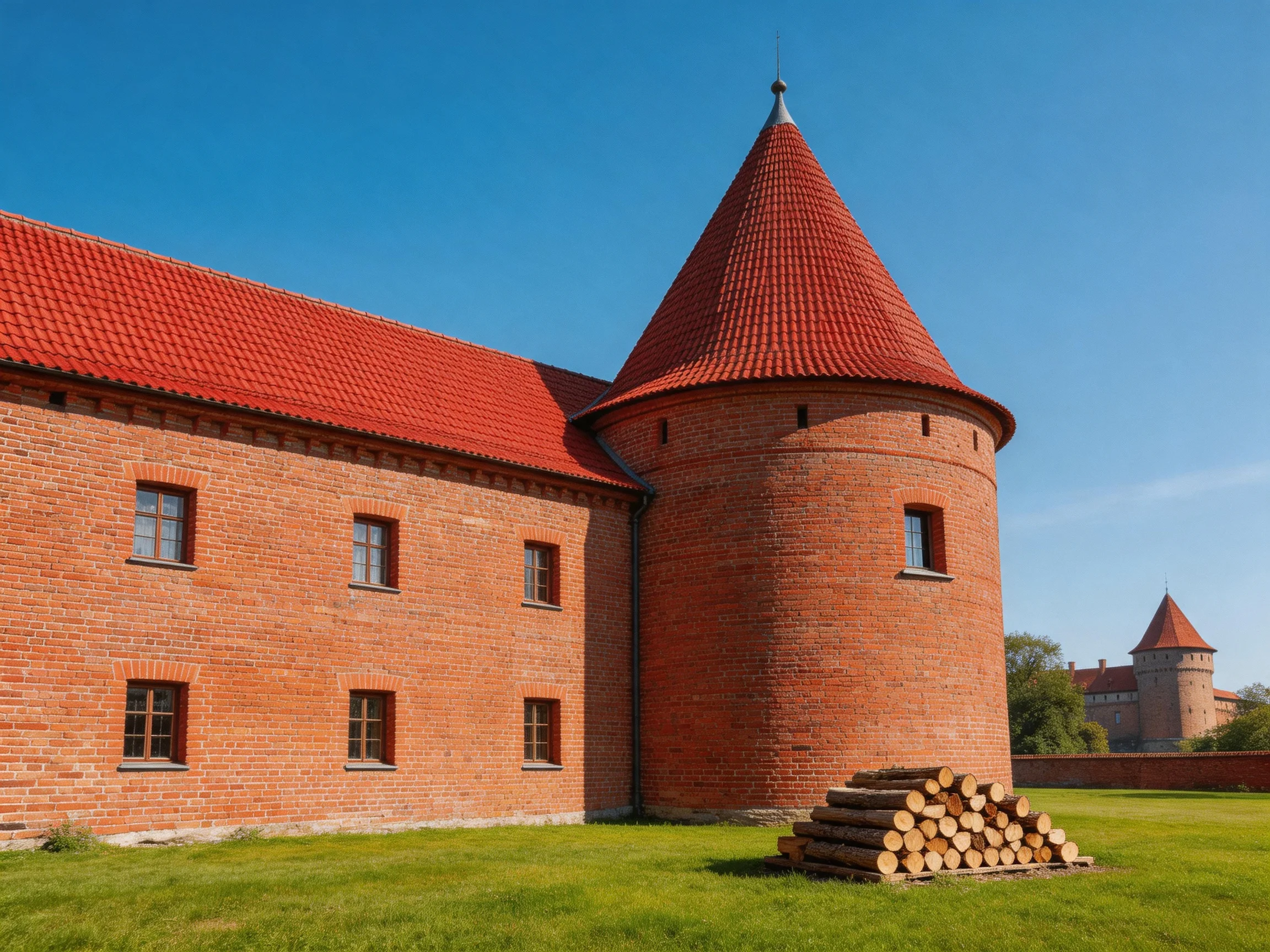 A historic red-brick castle with conical towers and green lawn
