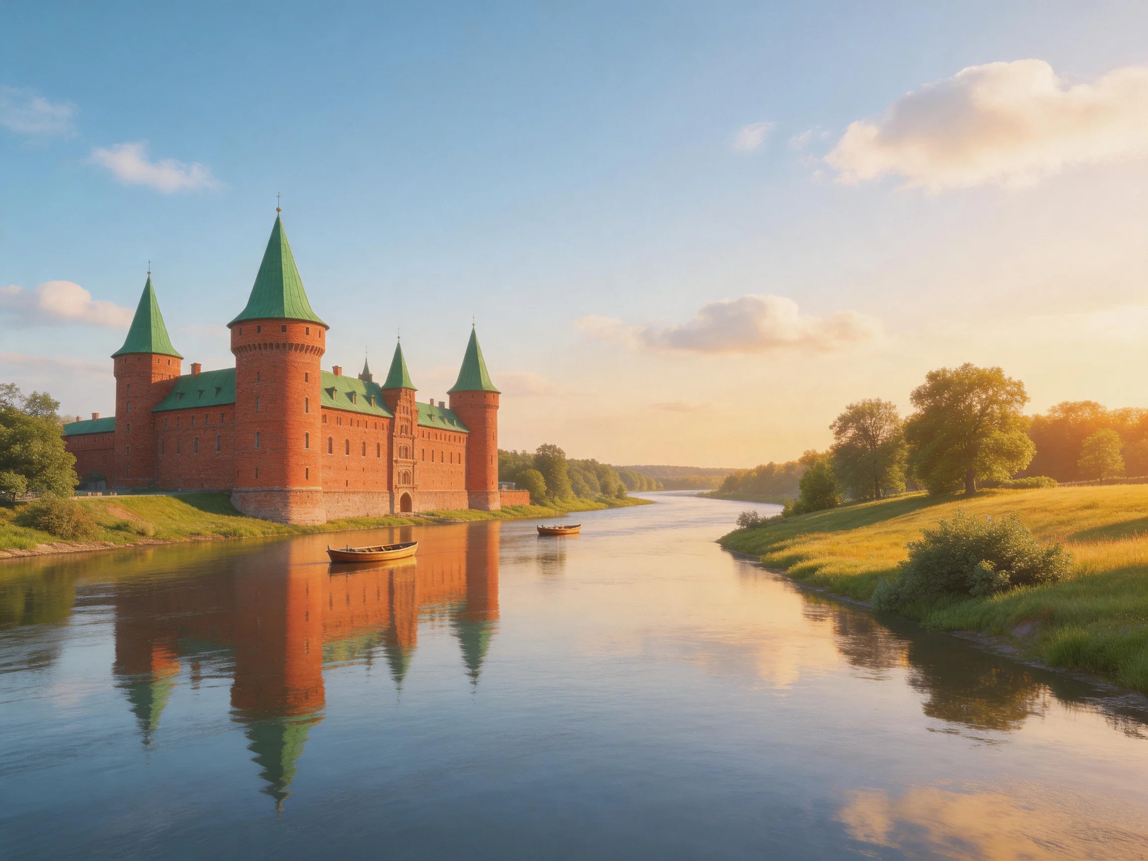 A historic red-brick castle with green spires beside a calm river