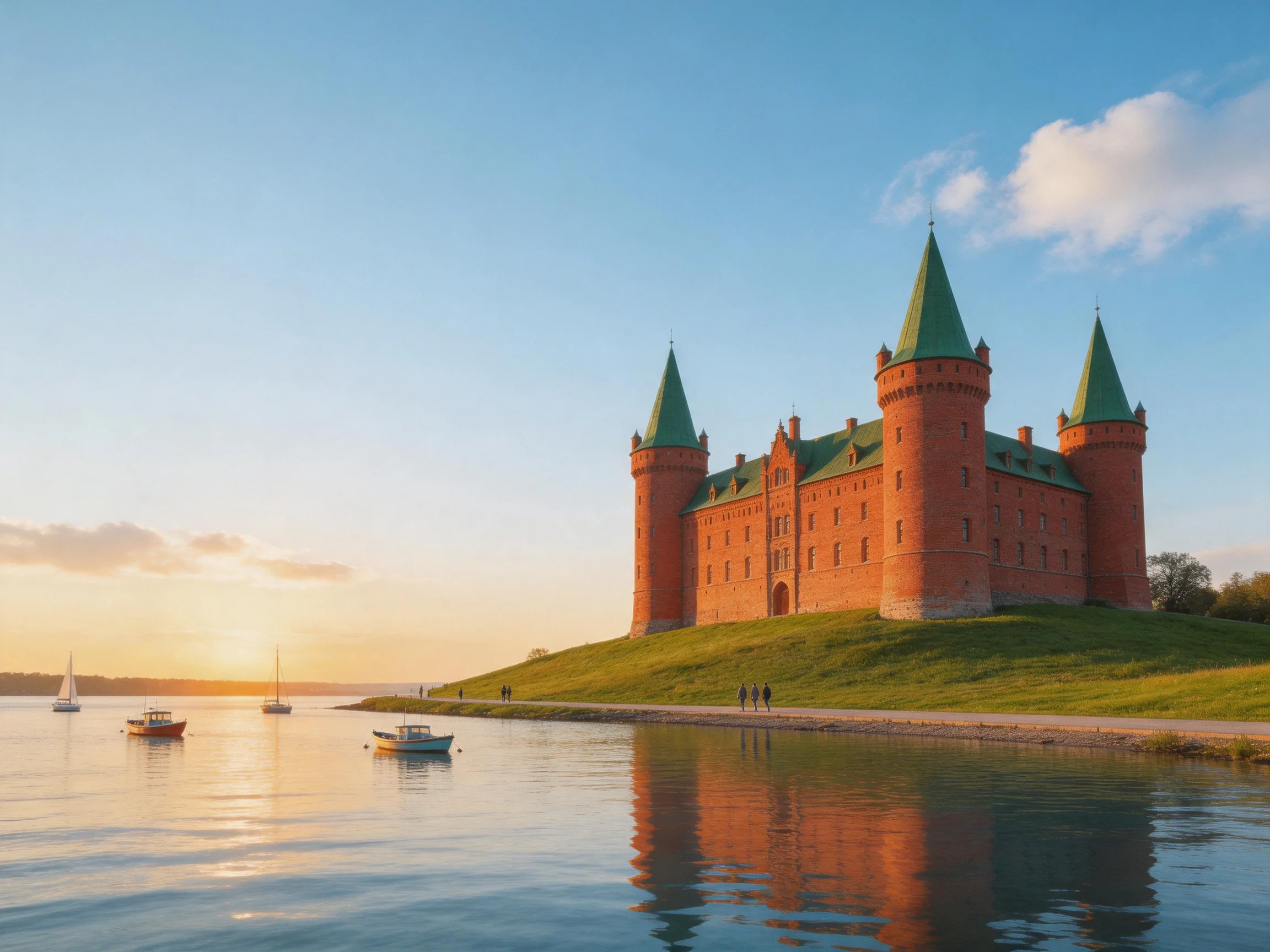 A historic red-brick castle with green spires overlooks calm waters