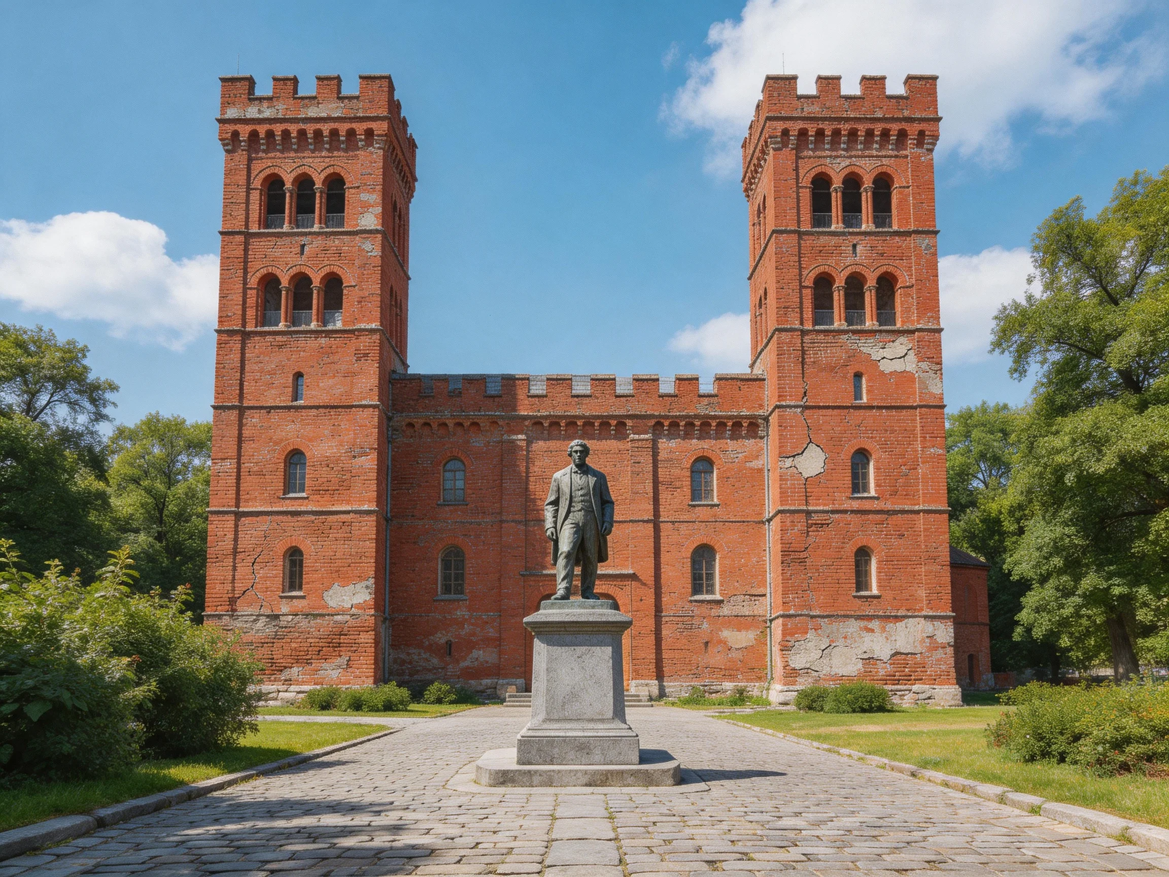 A historic red-brick castle with twin towers and a central statue