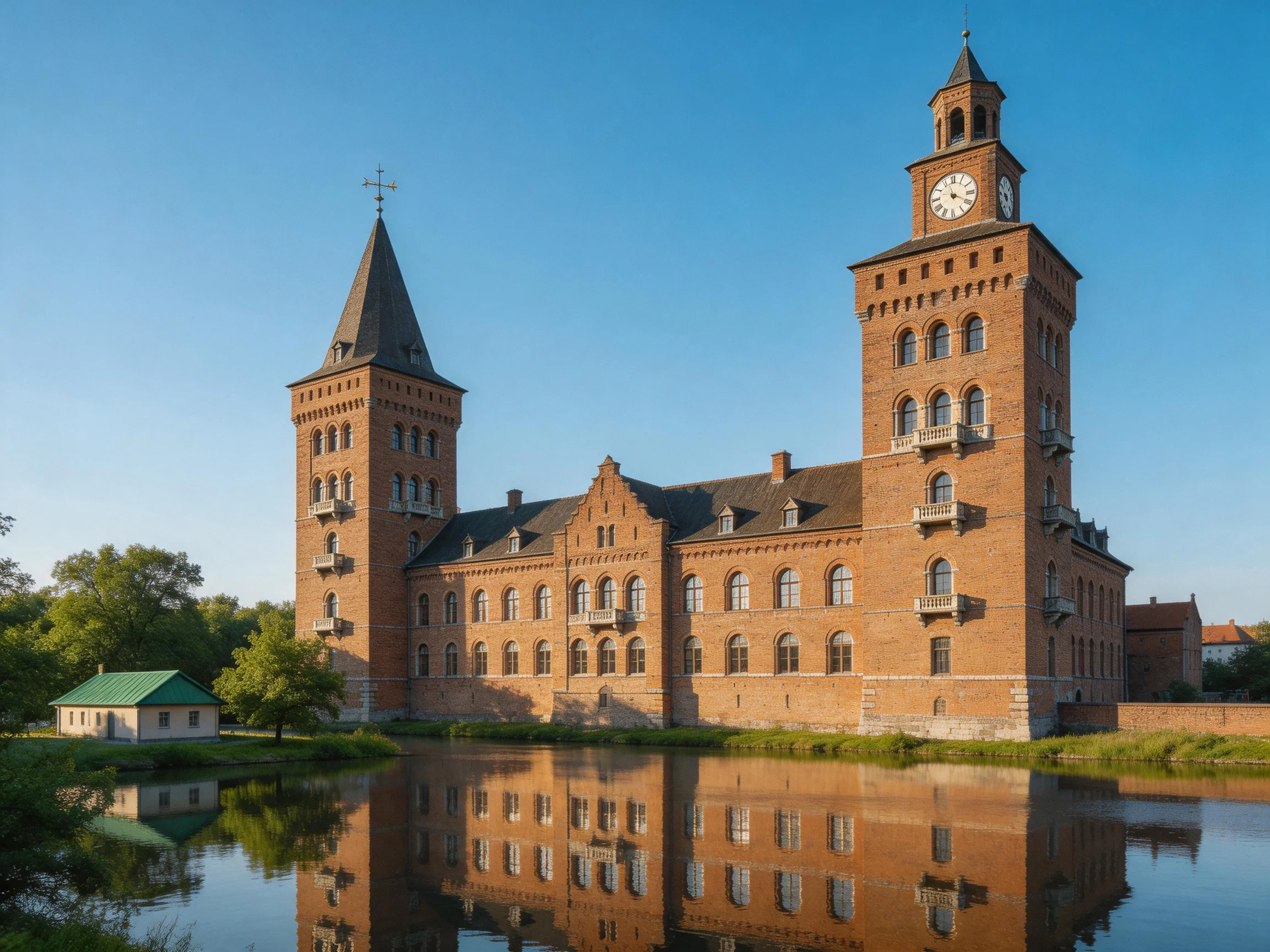 A historic red-brick castle with twin towers near reflective waters