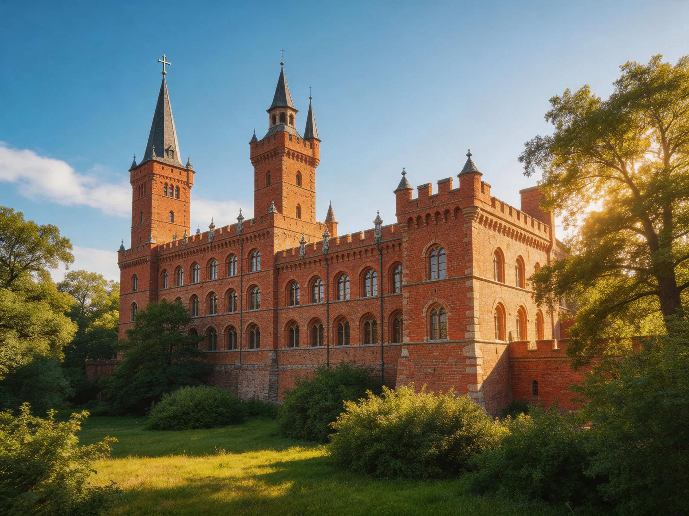 A historic red-brick castle with two towers near lush greenery