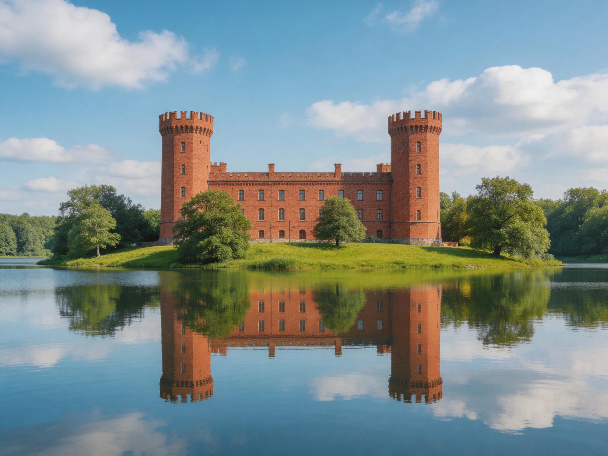 A historic red-brick castle with two towers on a grassy island