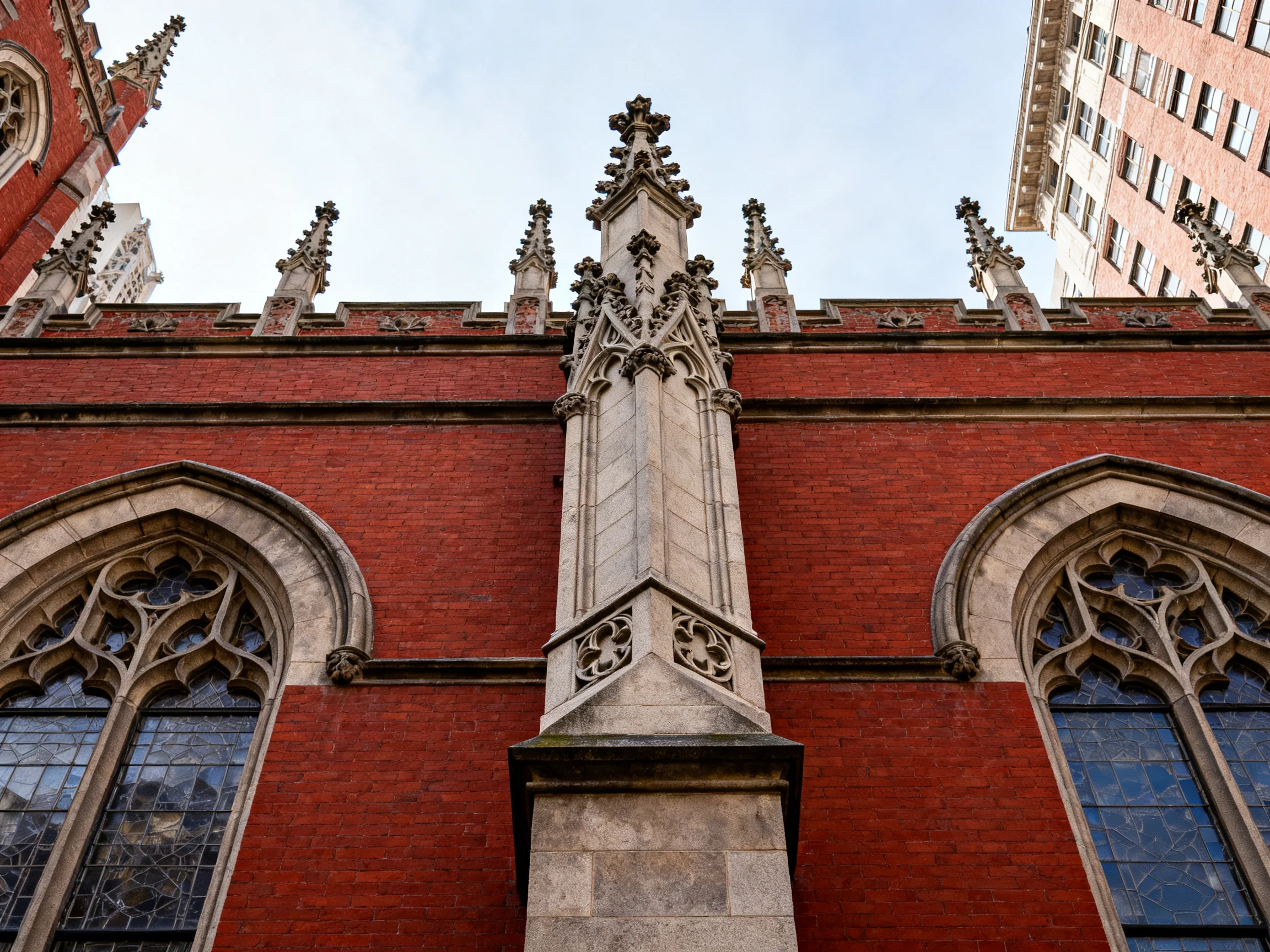 A historic red-brick church with Gothic architectural spires and stone details