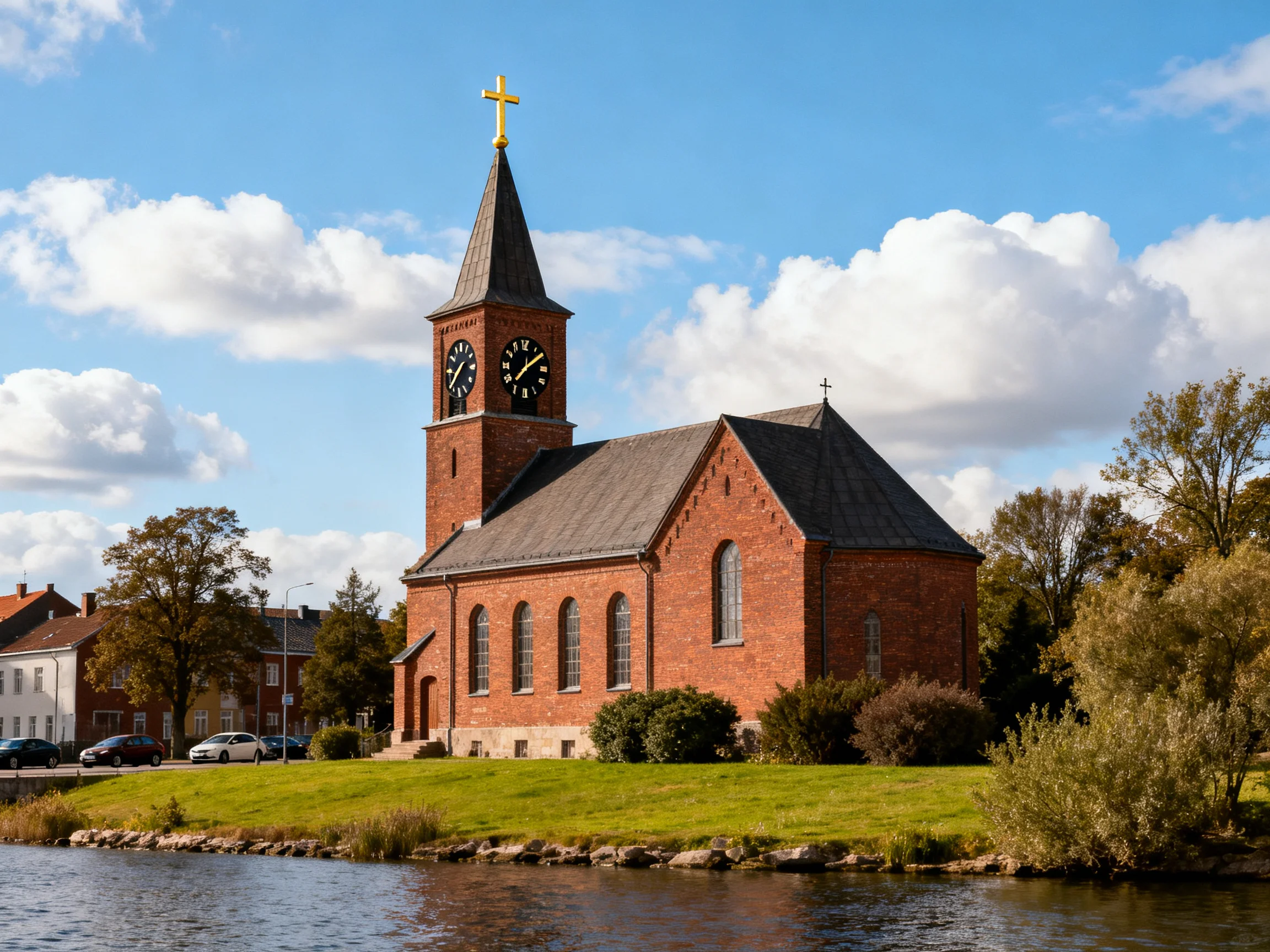 A historic red-brick church with a clock tower beside calm waters