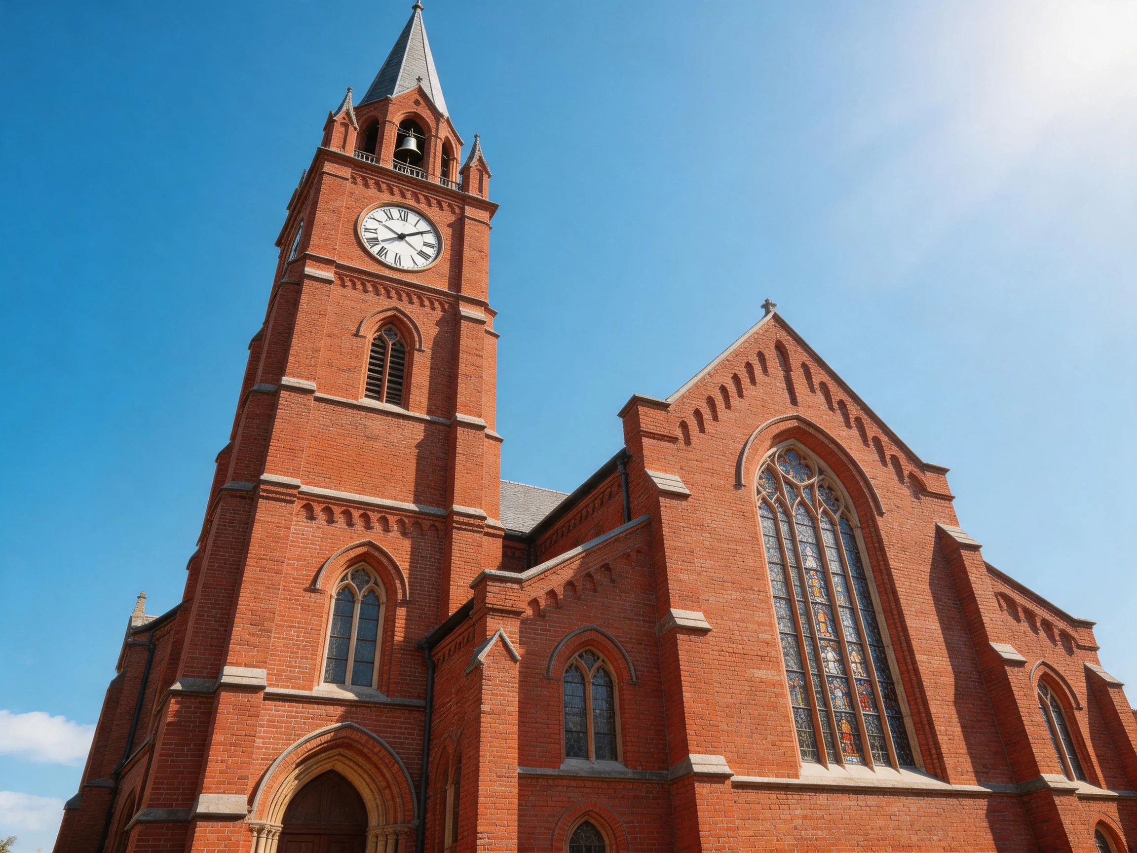 A historic red-brick church with a tall clock tower under clear blue skies