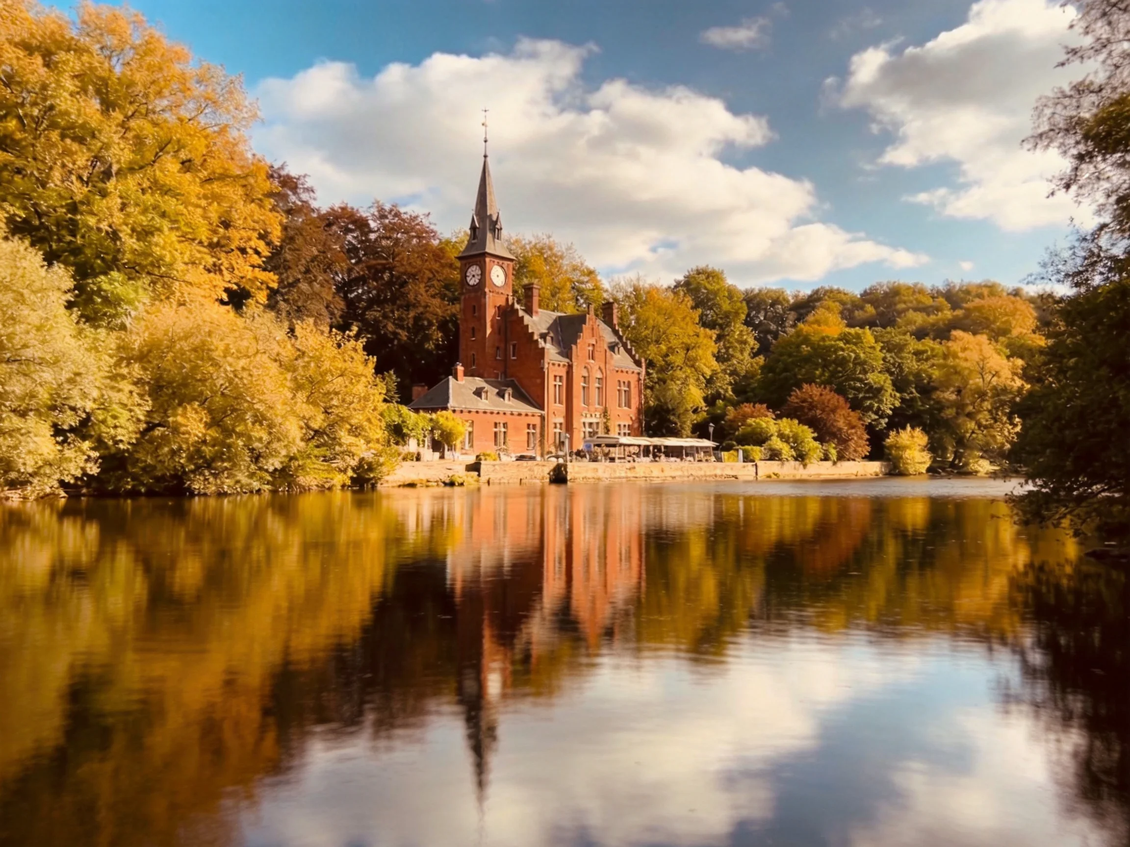 A historic red-brick clock tower building beside a calm autumn lake