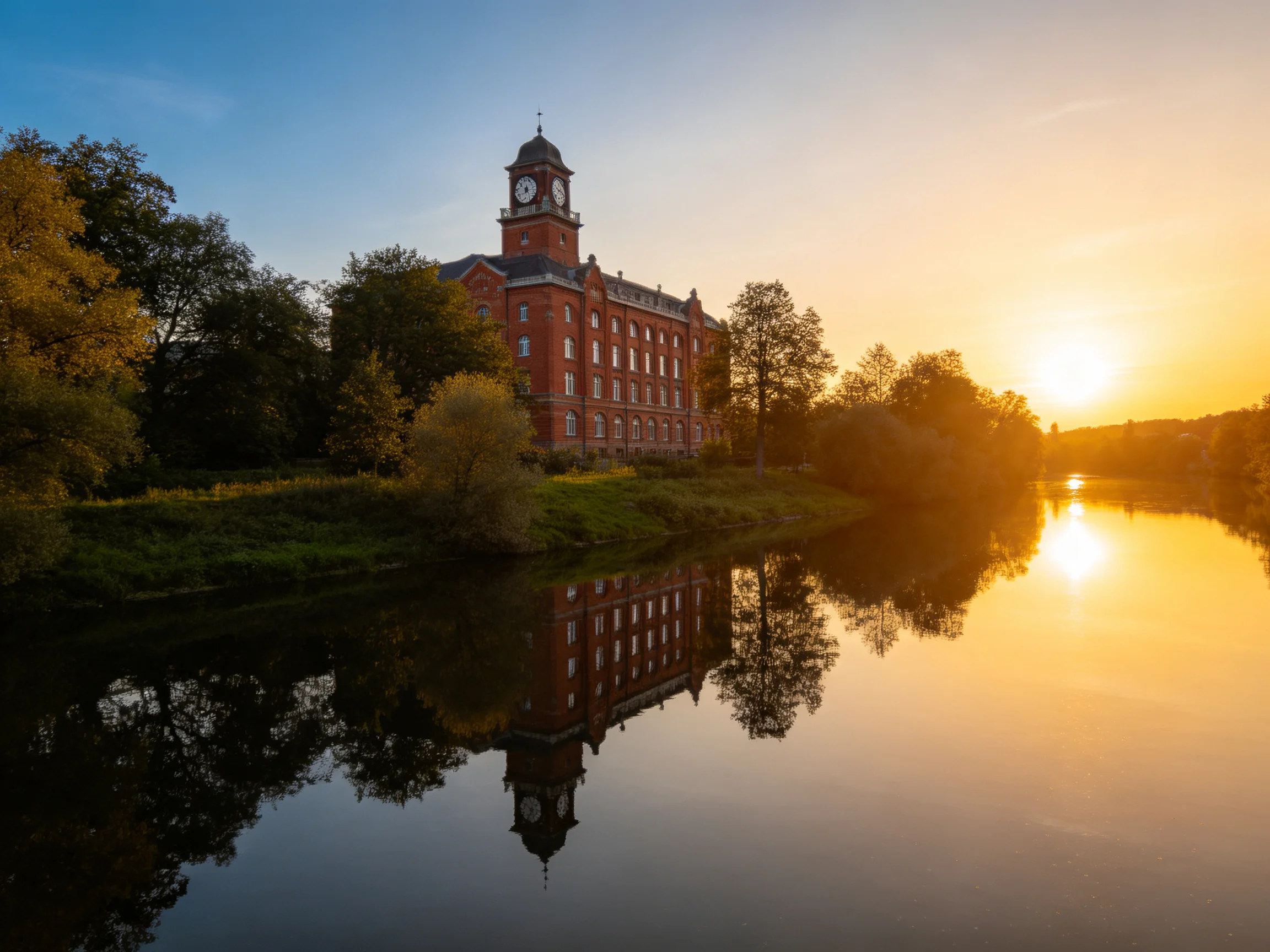 A historic red-brick clock tower building reflected in a calm river at sunset